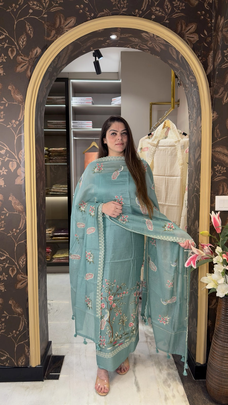 Pure mulchanderi silk with peacock style embroidery