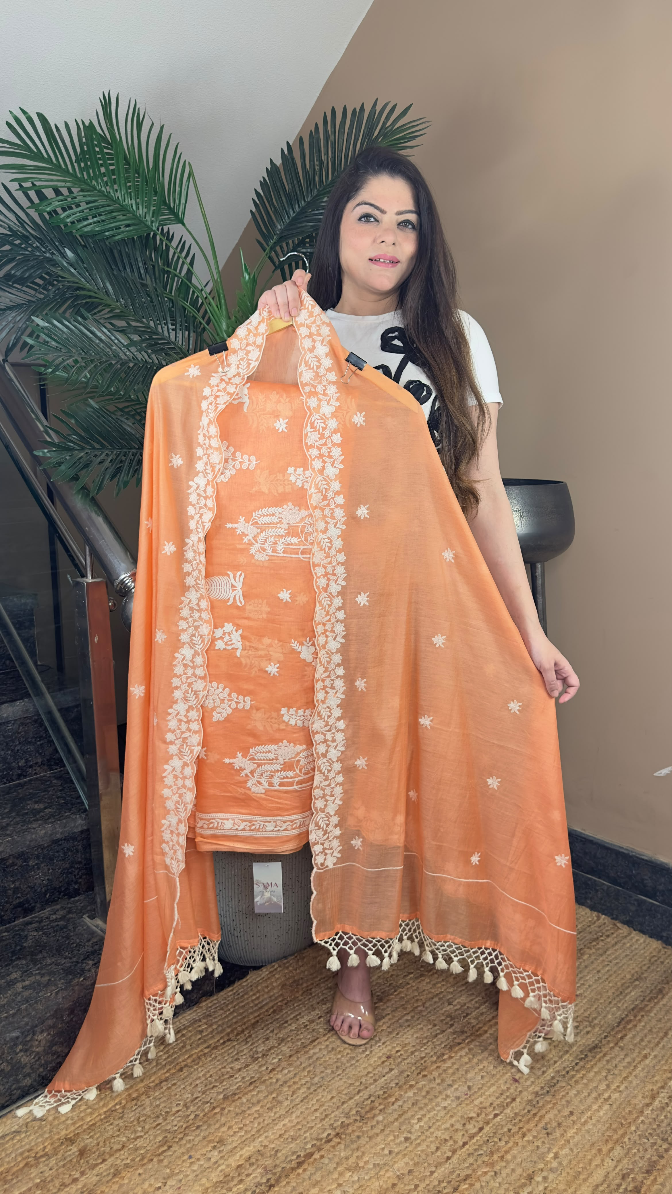 Beige Thread-Embroidered Anarkali Suit Set | Pure Mul Chanderi Silk with Banarasi Cotton Bottom & Cutwork Dupatta