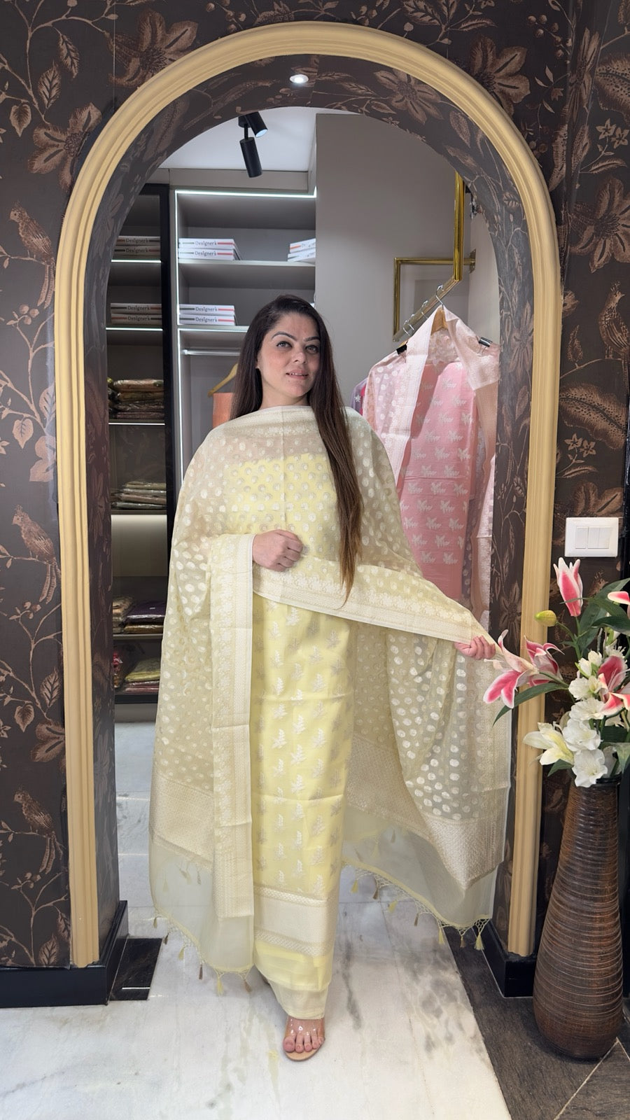 Ivory Yellow Madhubani Art Set with Handcrafted Story Dupatta