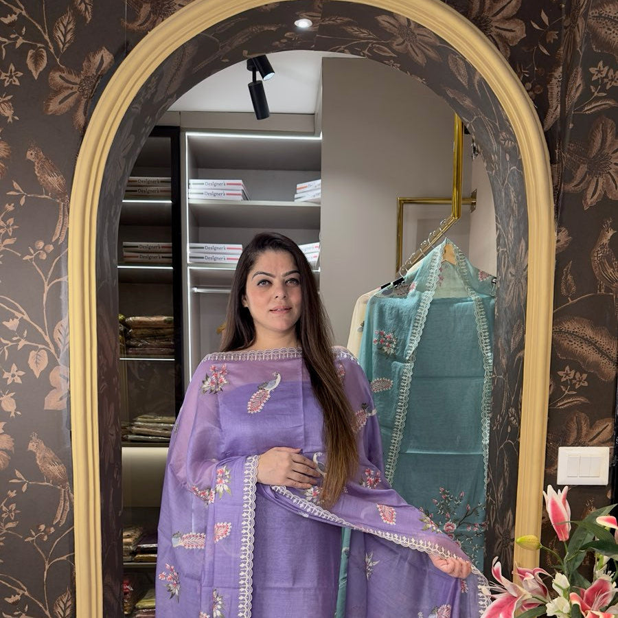 Pure mulchanderi silk with peacock style embroidery
