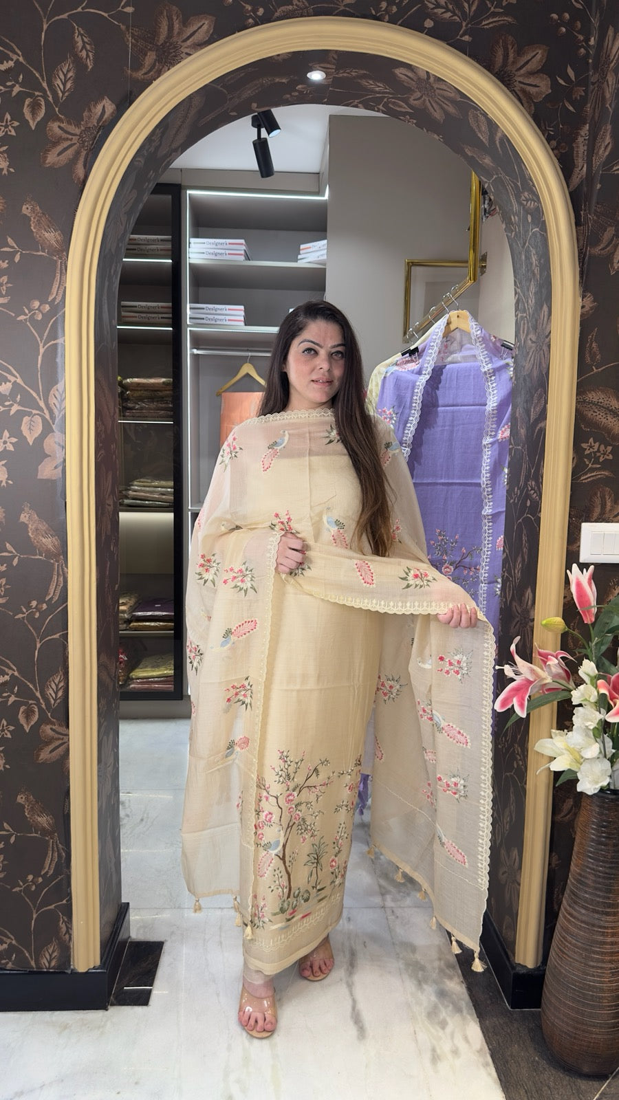 Pure mulchanderi silk with peacock style embroidery