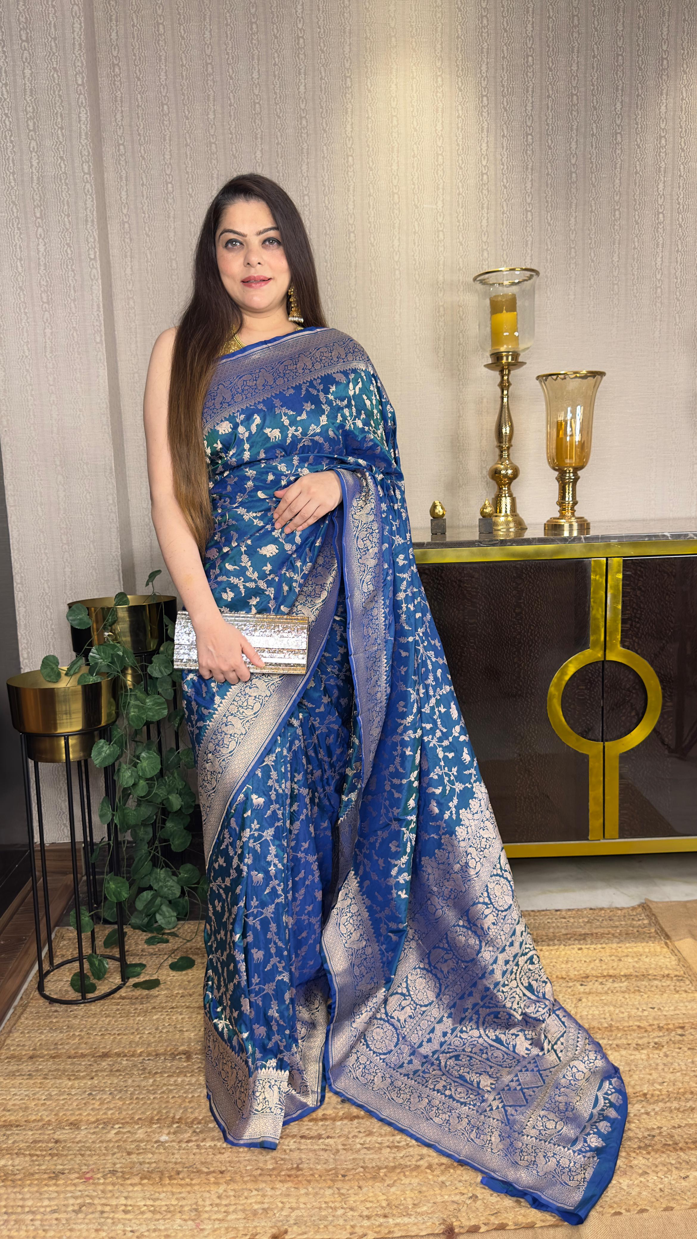 Pure Katan Silk Saree | Shikargah Weave in Dual Shade | Handwoven Banarasi