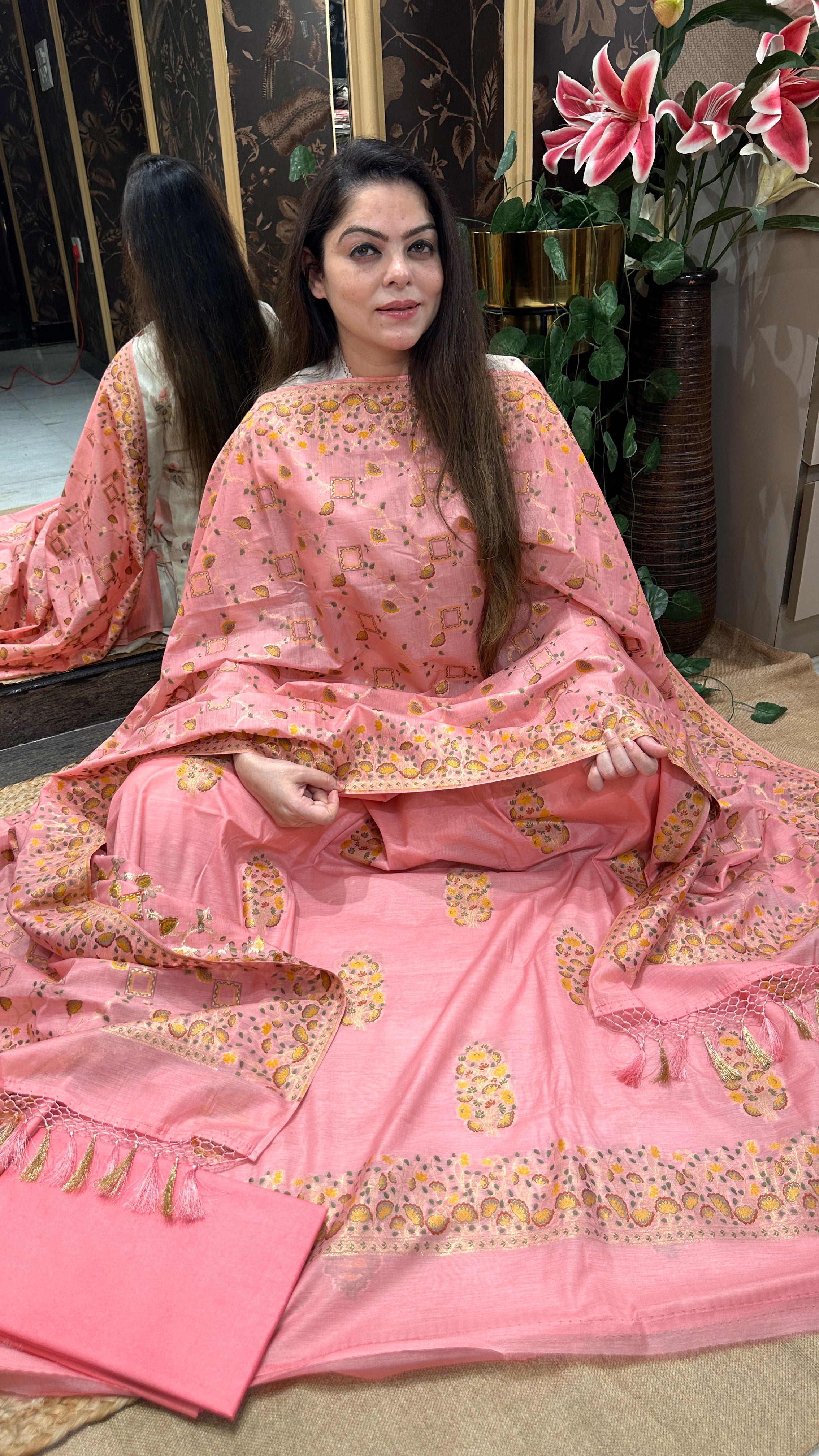 Pure Handloom Cotton Suit with Minakari Work in Pastels