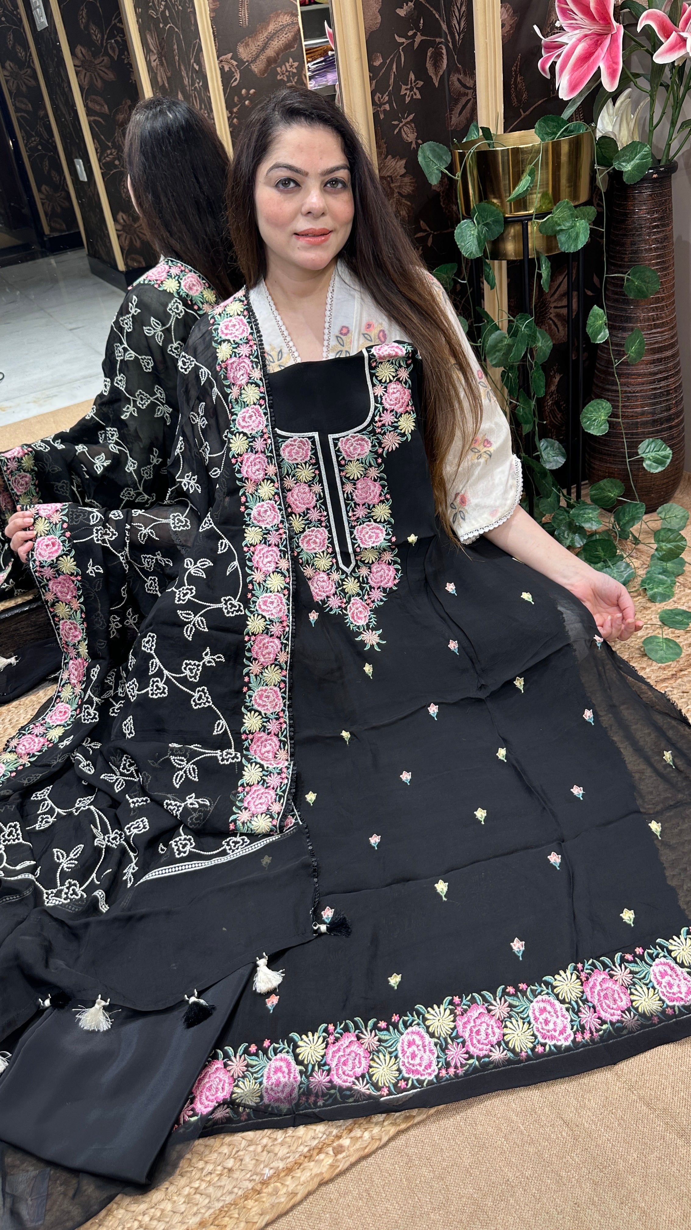 Viscose georgette suit with colourful floral embroidery