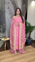Pure Chiniya Silk Unstitched Shirt & Bottom with Hand Brush Painted Khaki Georgette Dupatta