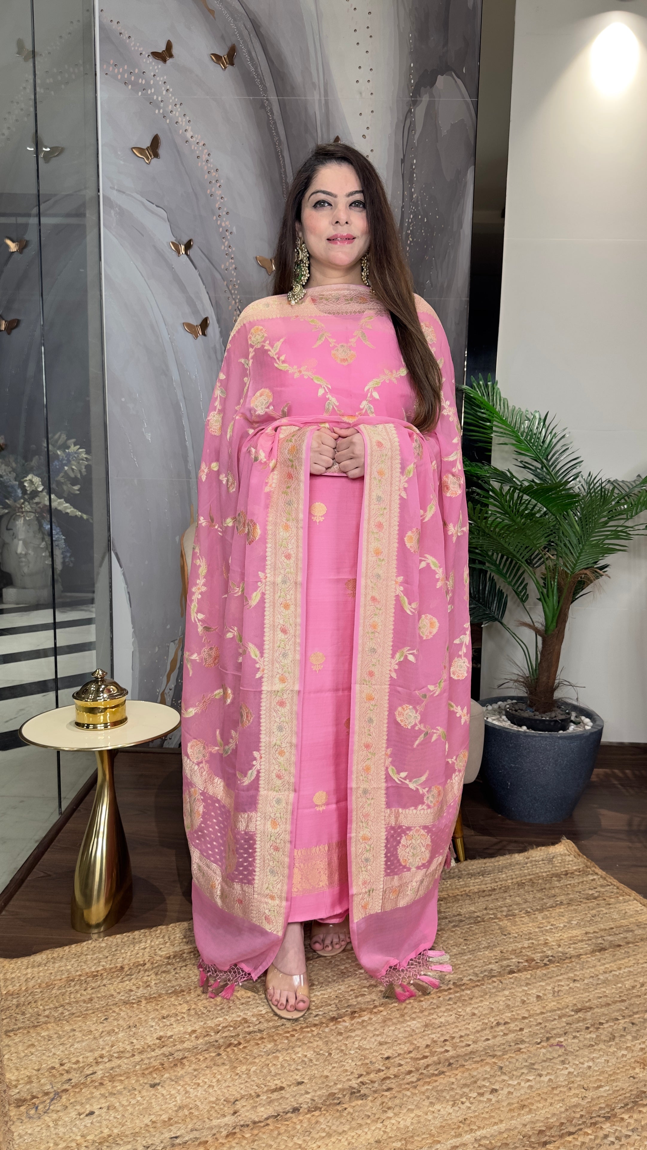 Pure Chiniya Silk Unstitched Shirt & Bottom with Hand Brush Painted Khaki Georgette Dupatta