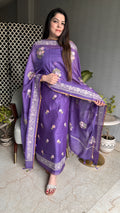 Pure mul chanderi silk suit with floral thread embroidery