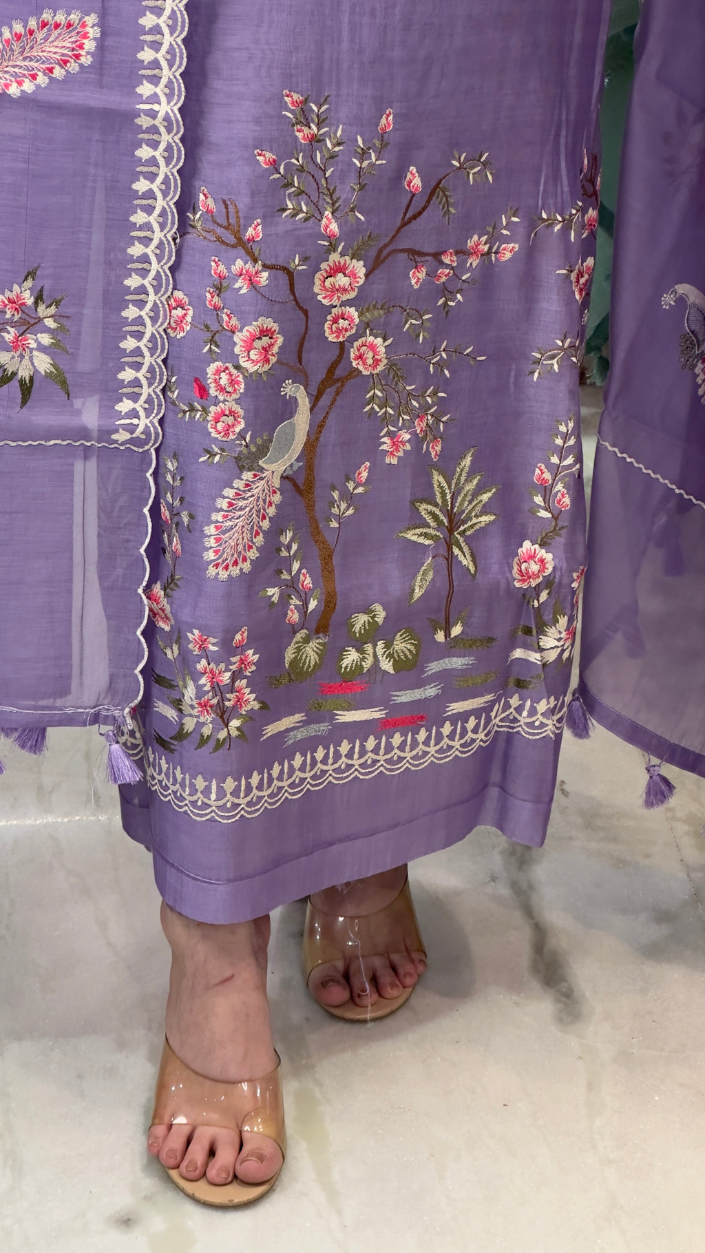 Pure mulchanderi silk with peacock style embroidery