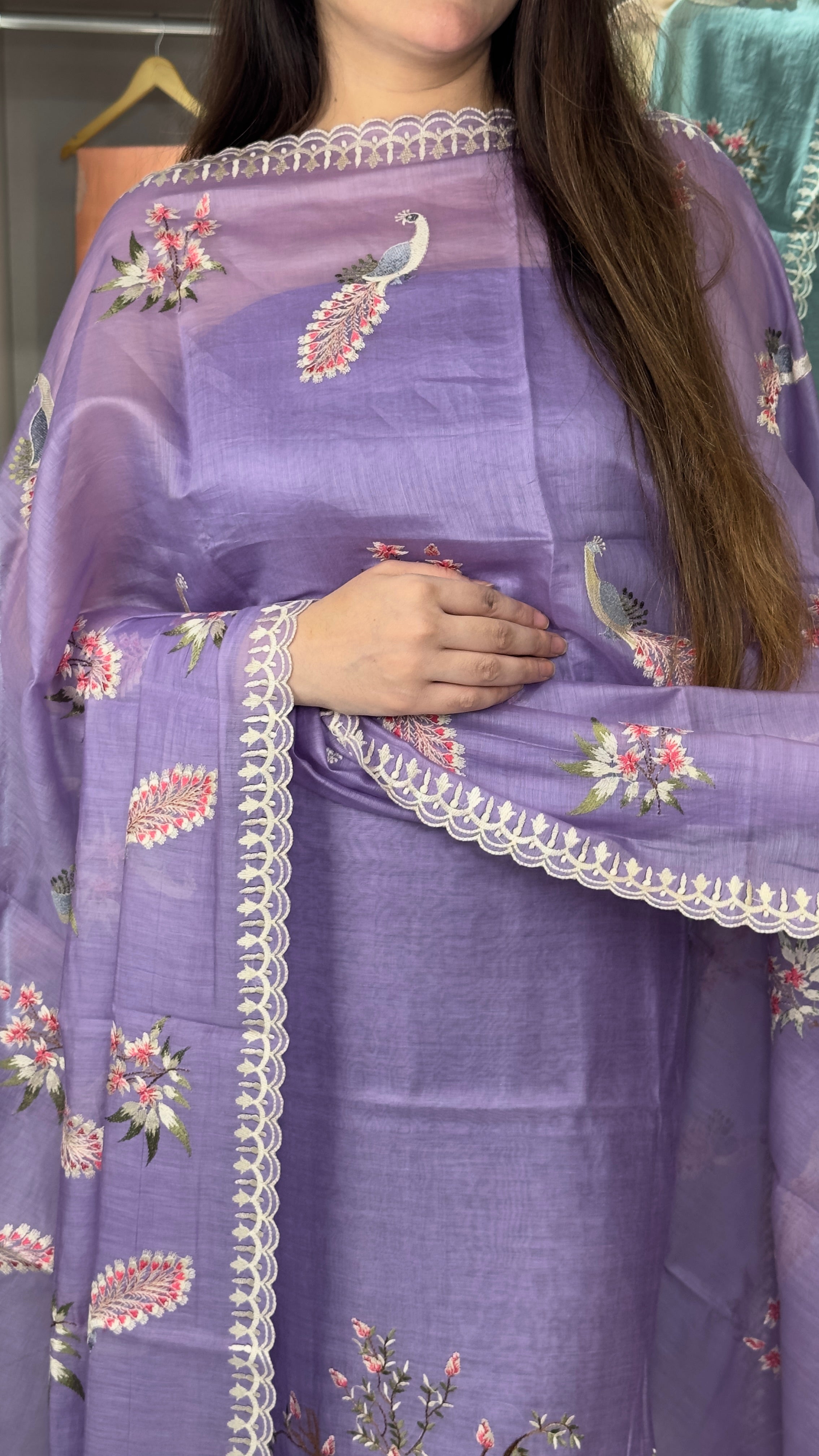 Pure mulchanderi silk with peacock style embroidery