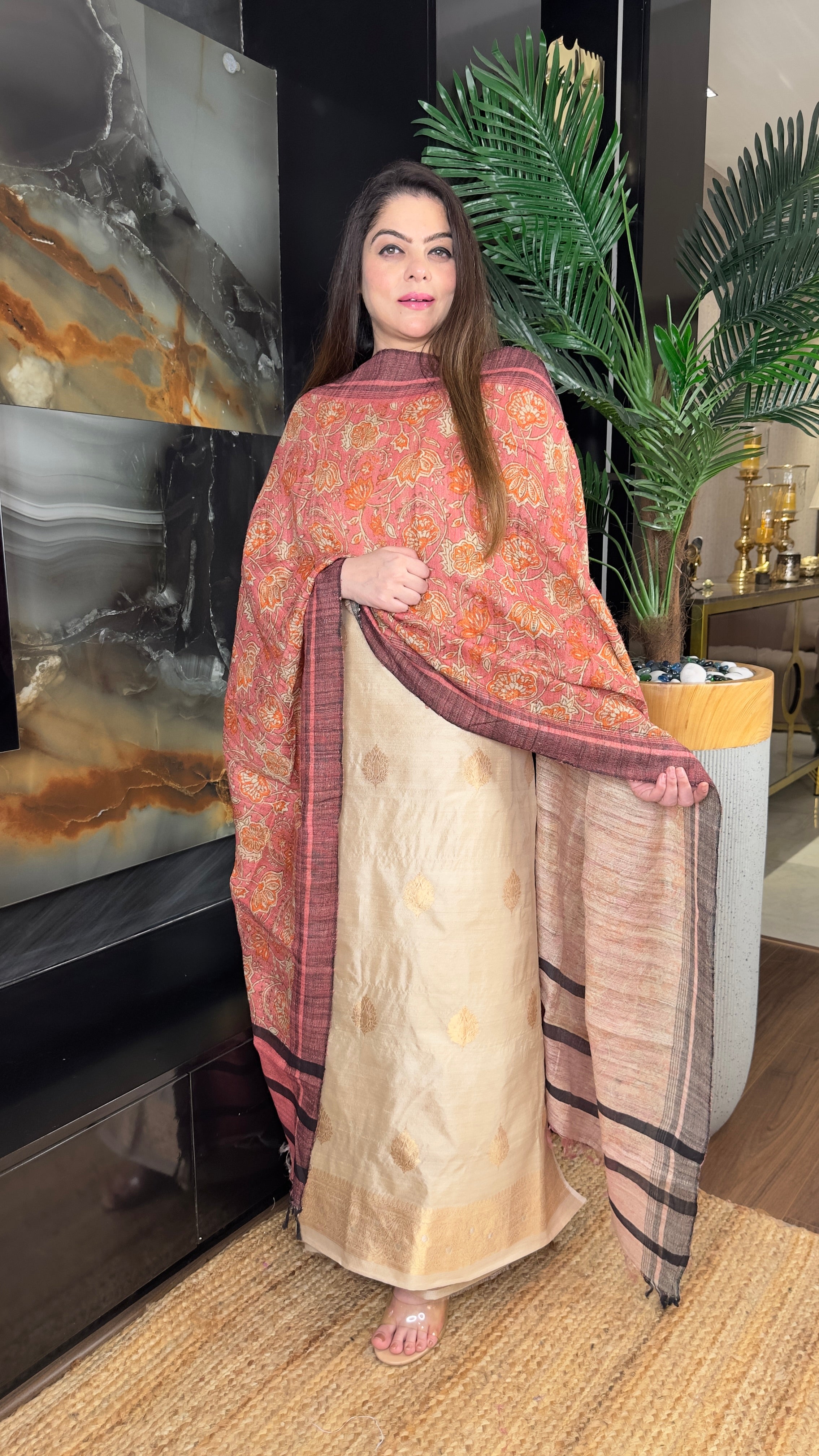 Pure tussar silk suit with digital hussar dupatta