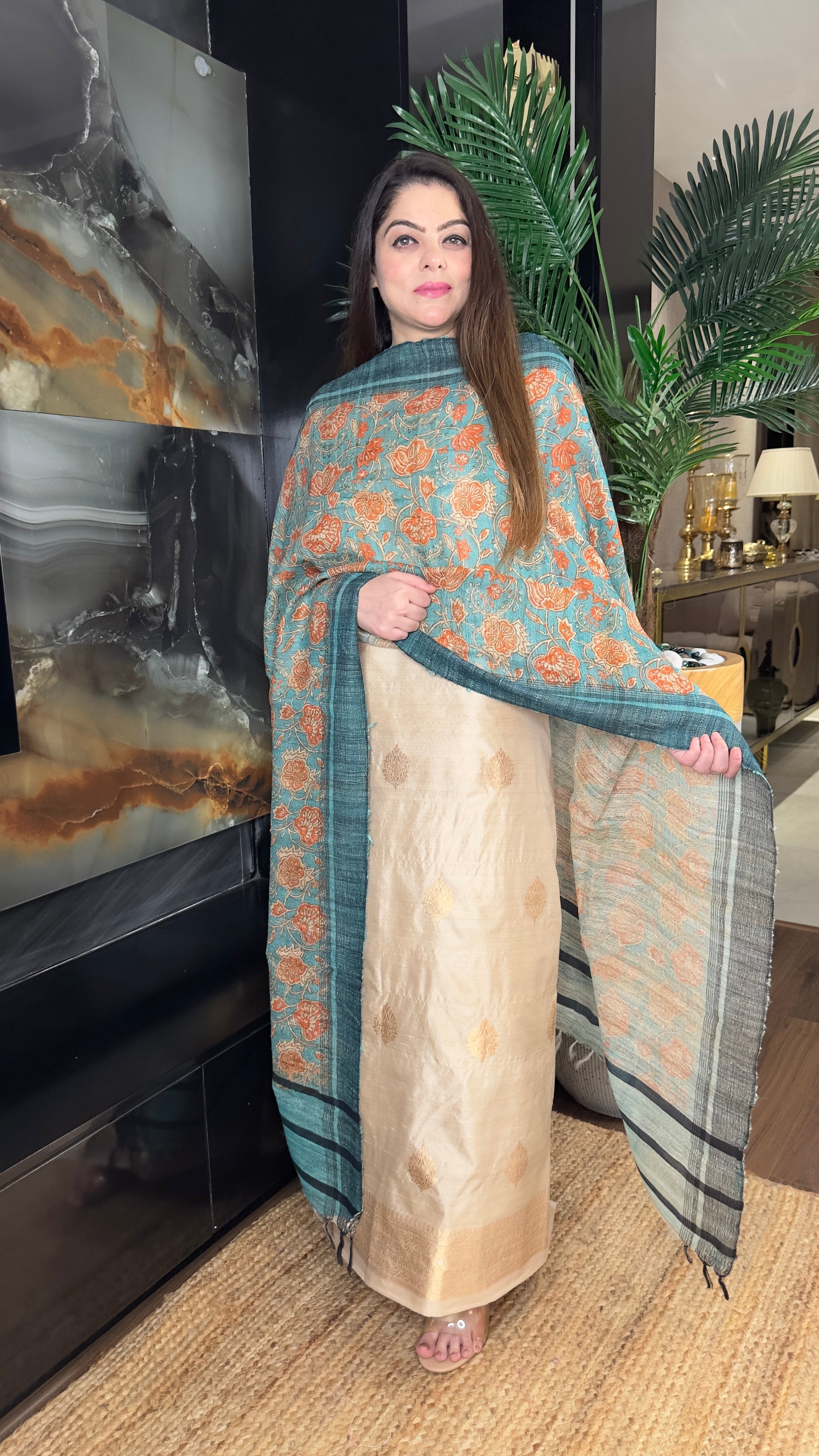 Pure tussar silk suit with digital hussar dupatta