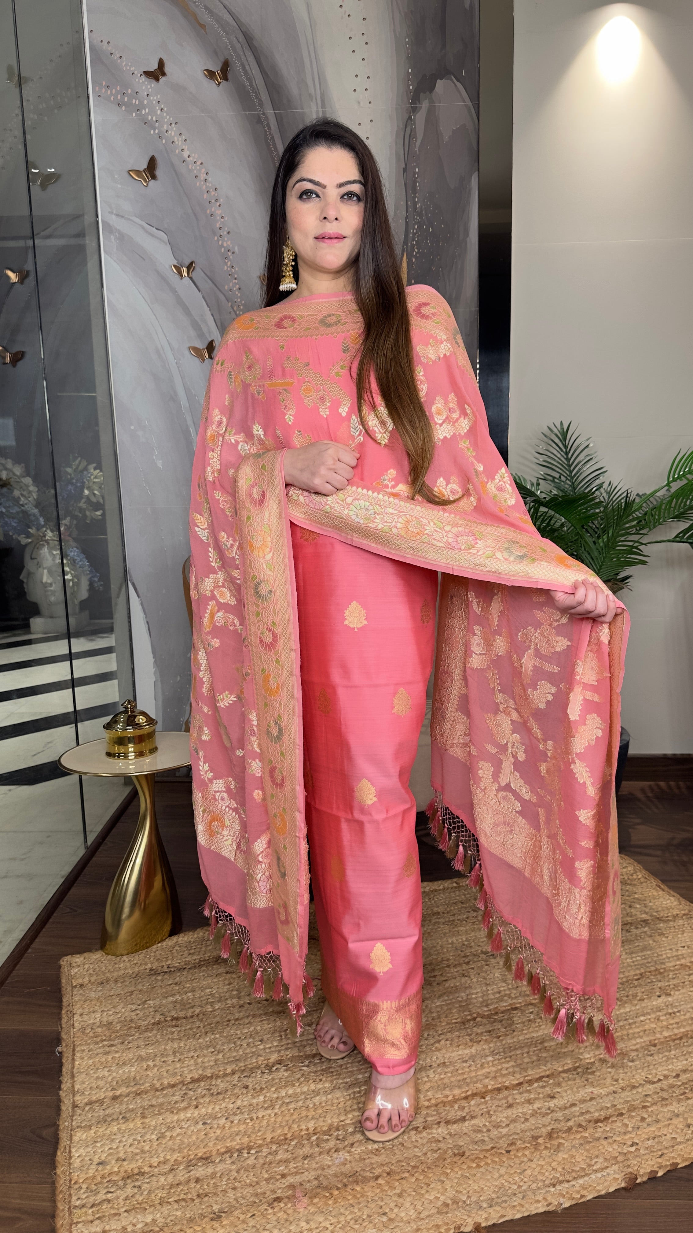 Pure Chiniya Silk Unstitched Shirt & Bottom with Hand Brush Painted Khaki Georgette Dupatta