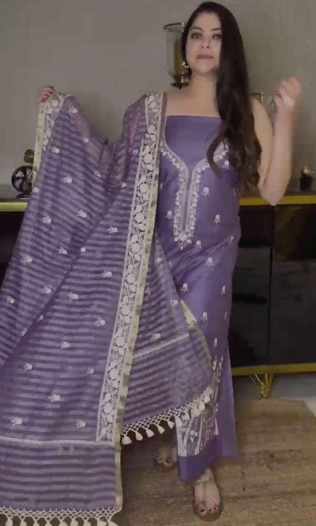 Pure Mul Chanderi Silk Three-Piece Suit