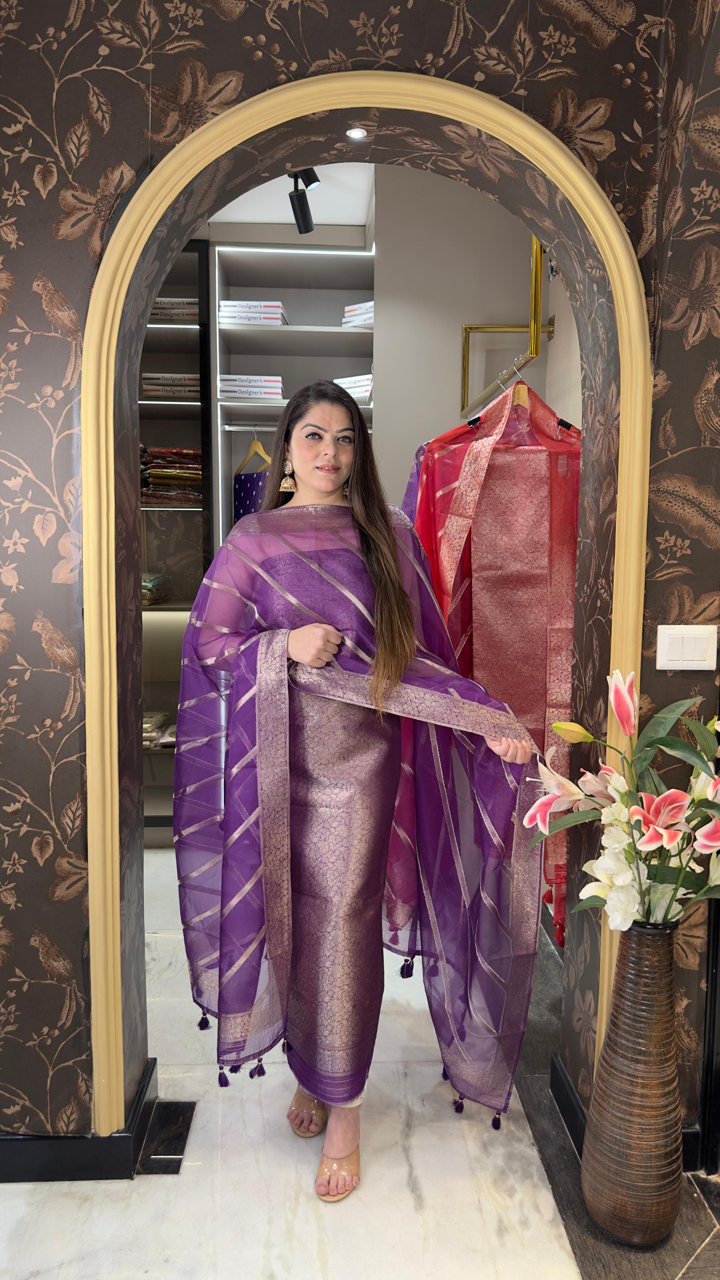 Brocade Silk Suit with Organza Dupatta & Satin Silk Bottom