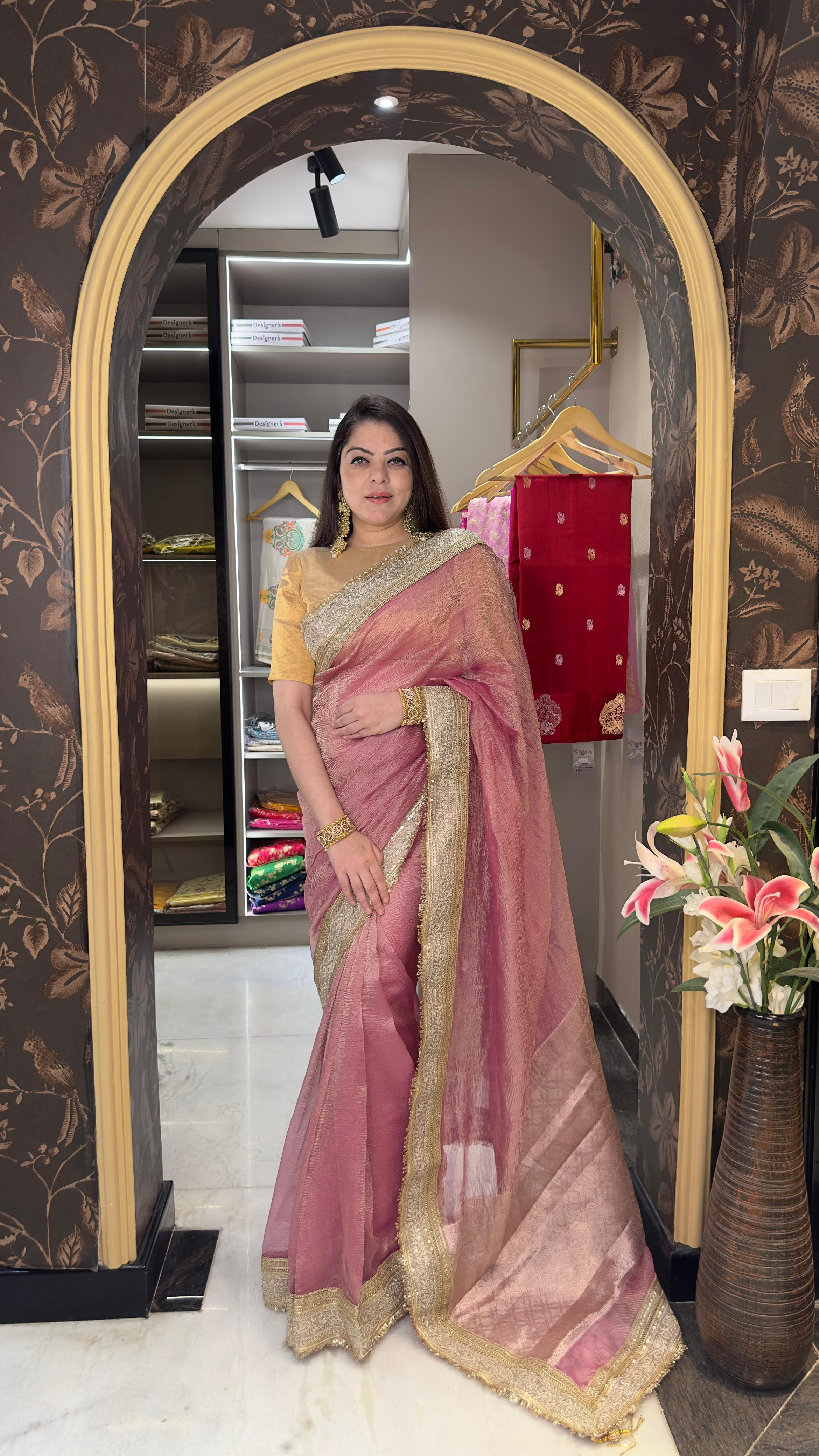 Pure Crushed Tissue Saree with Lace Border | Comes with Blouse Fabric