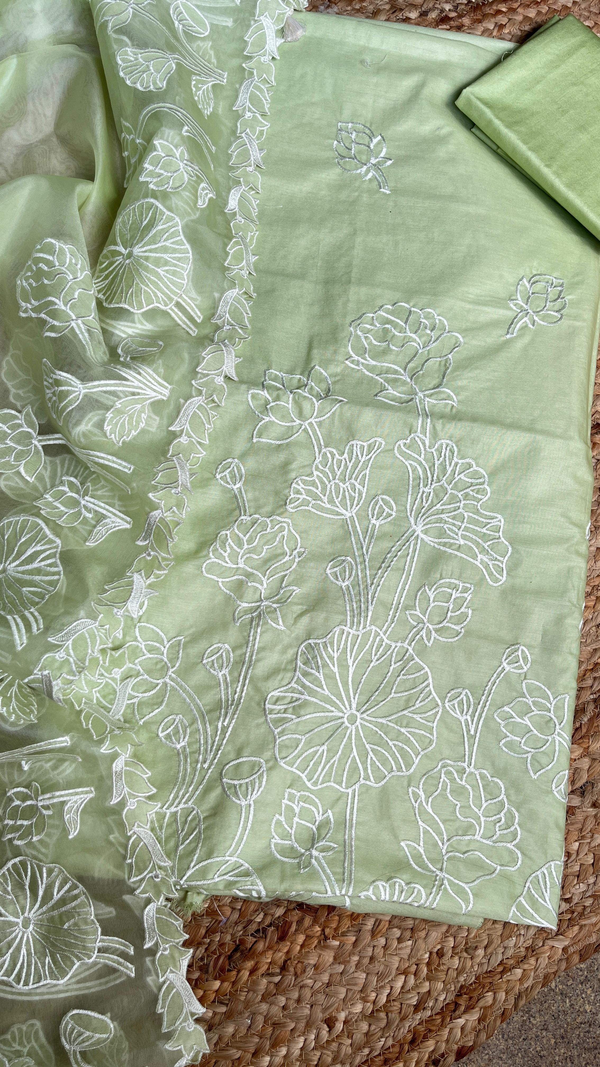 Pure Mul Chanderi Silk Suit with Appliqué Work, Organza Dupatta & Banarasi Cotton Bottom
