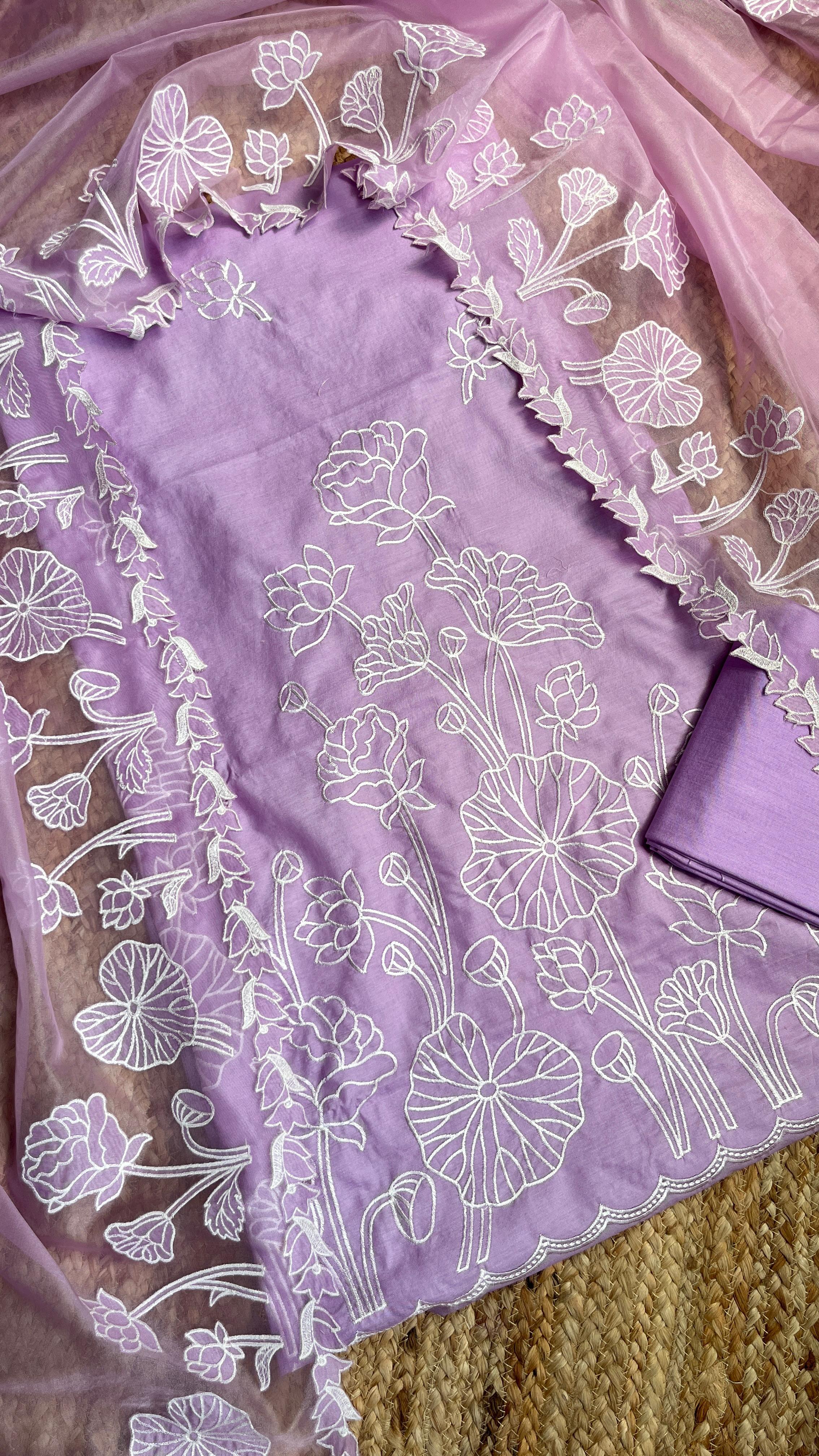 Pure Mul Chanderi Silk Suit with Appliqué Work, Organza Dupatta & Banarasi Cotton Bottom