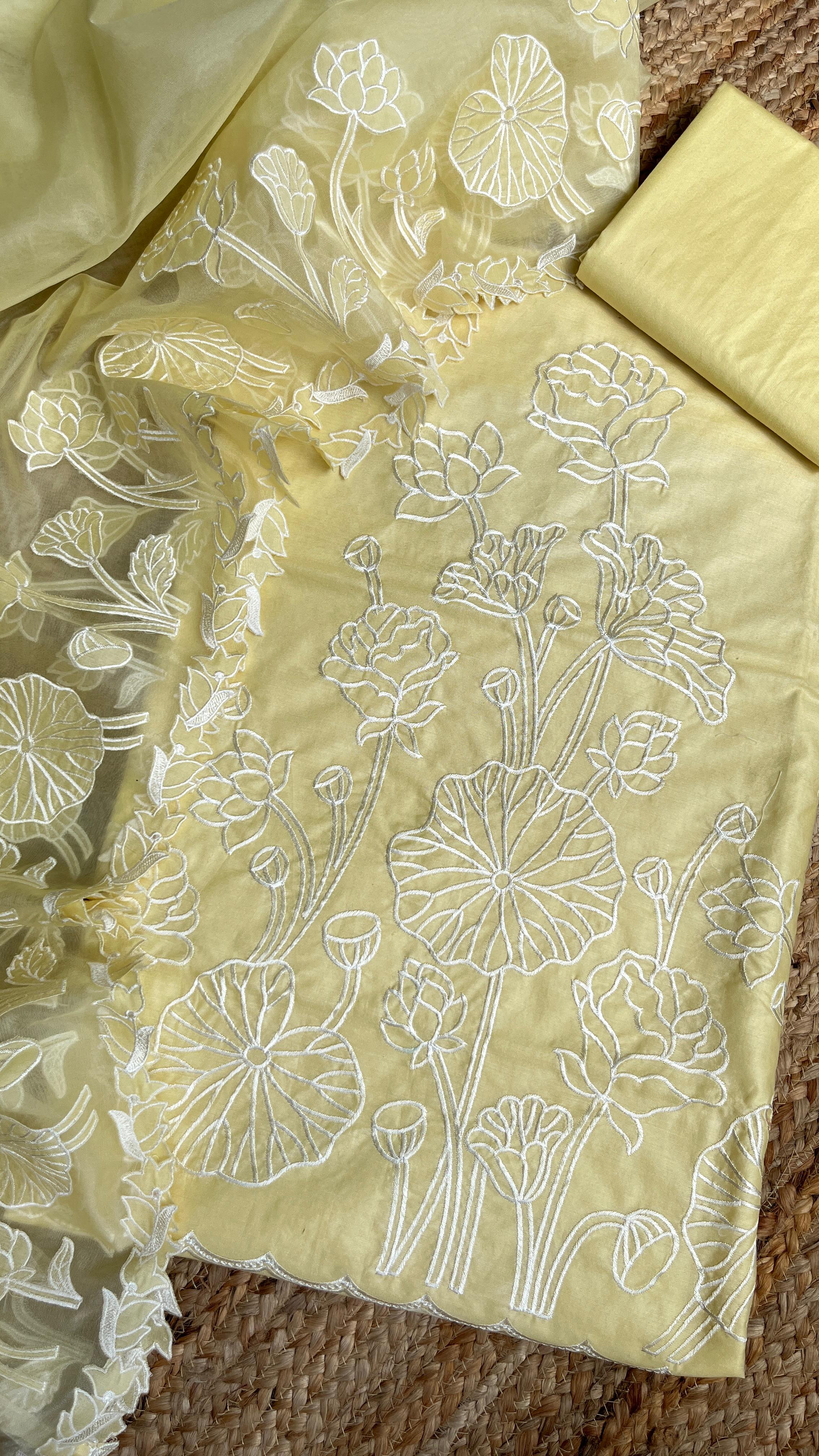 Pure Mul Chanderi Silk Suit with Appliqué Work, Organza Dupatta & Banarasi Cotton Bottom