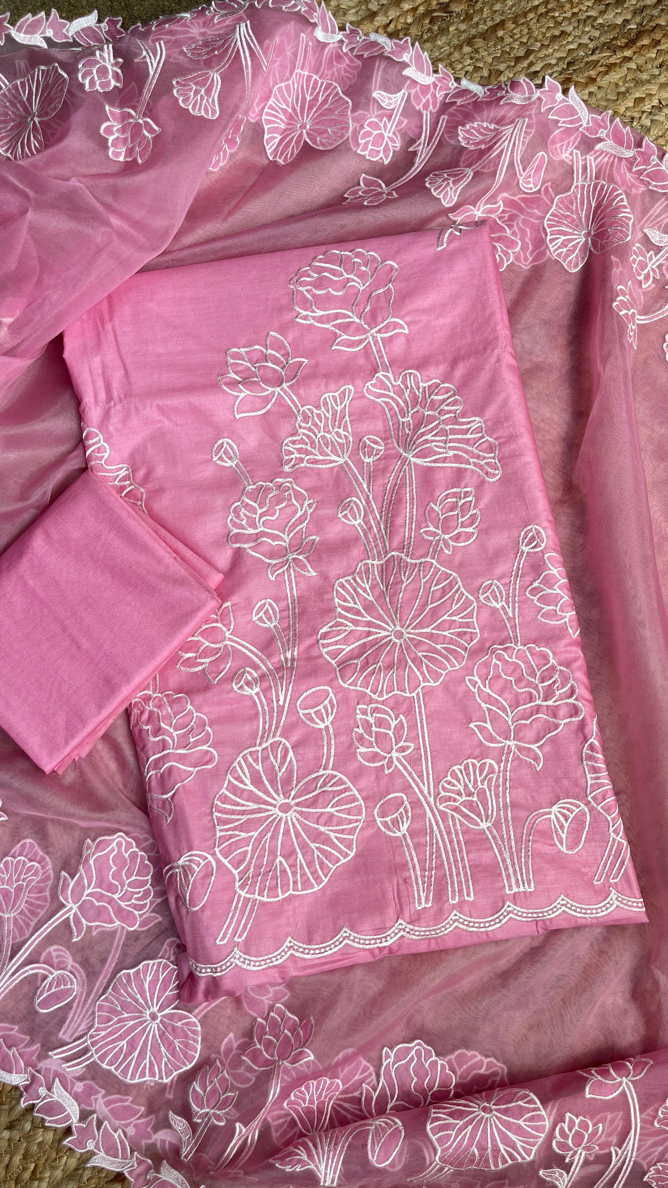 Pure Mul Chanderi Silk Suit with Appliqué Work, Organza Dupatta & Banarasi Cotton Bottom