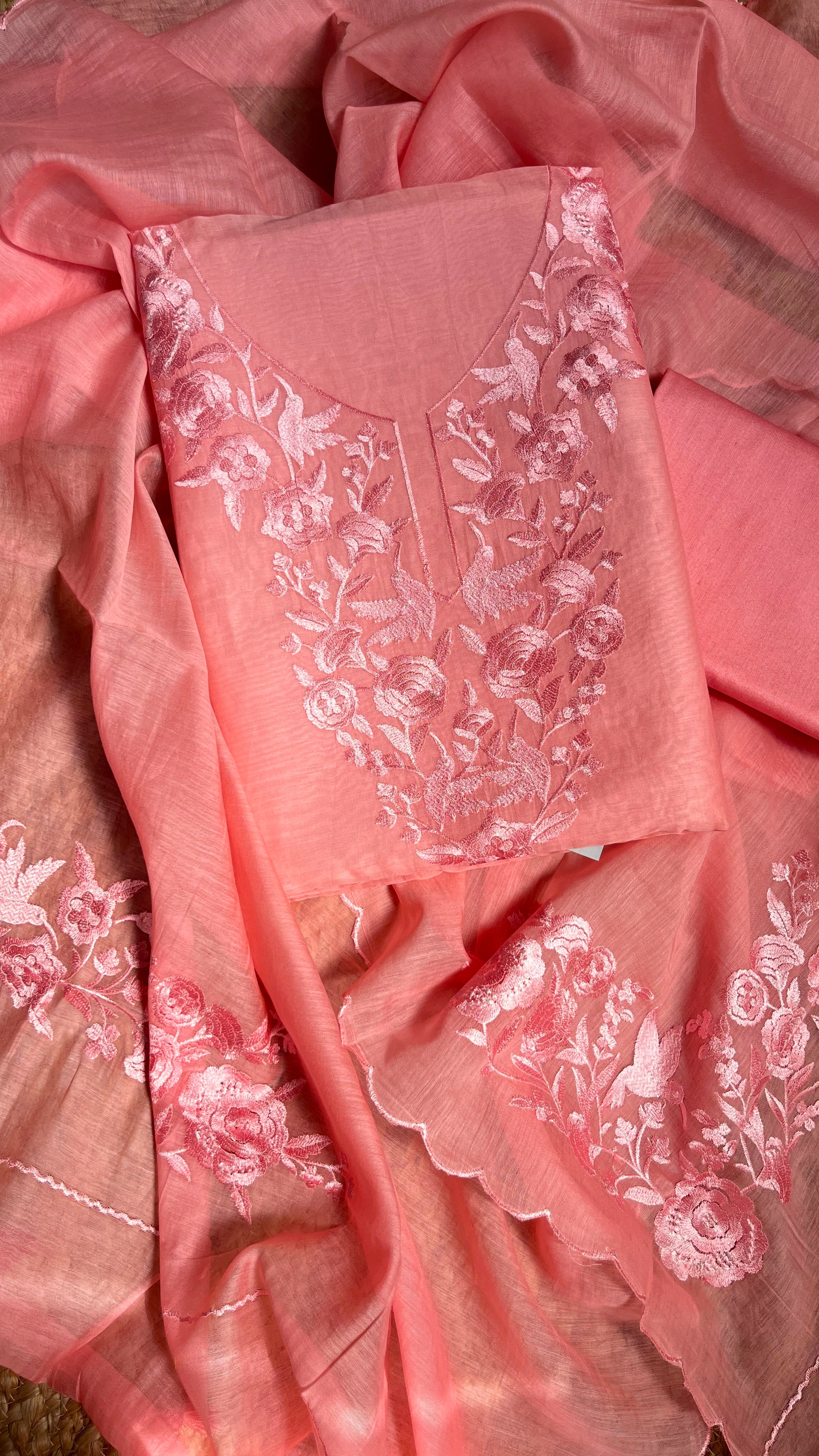 Pure Mul Chanderi Silk Suit with Bird-Inspired Thread Embroidery – Complete 3-Piece Set