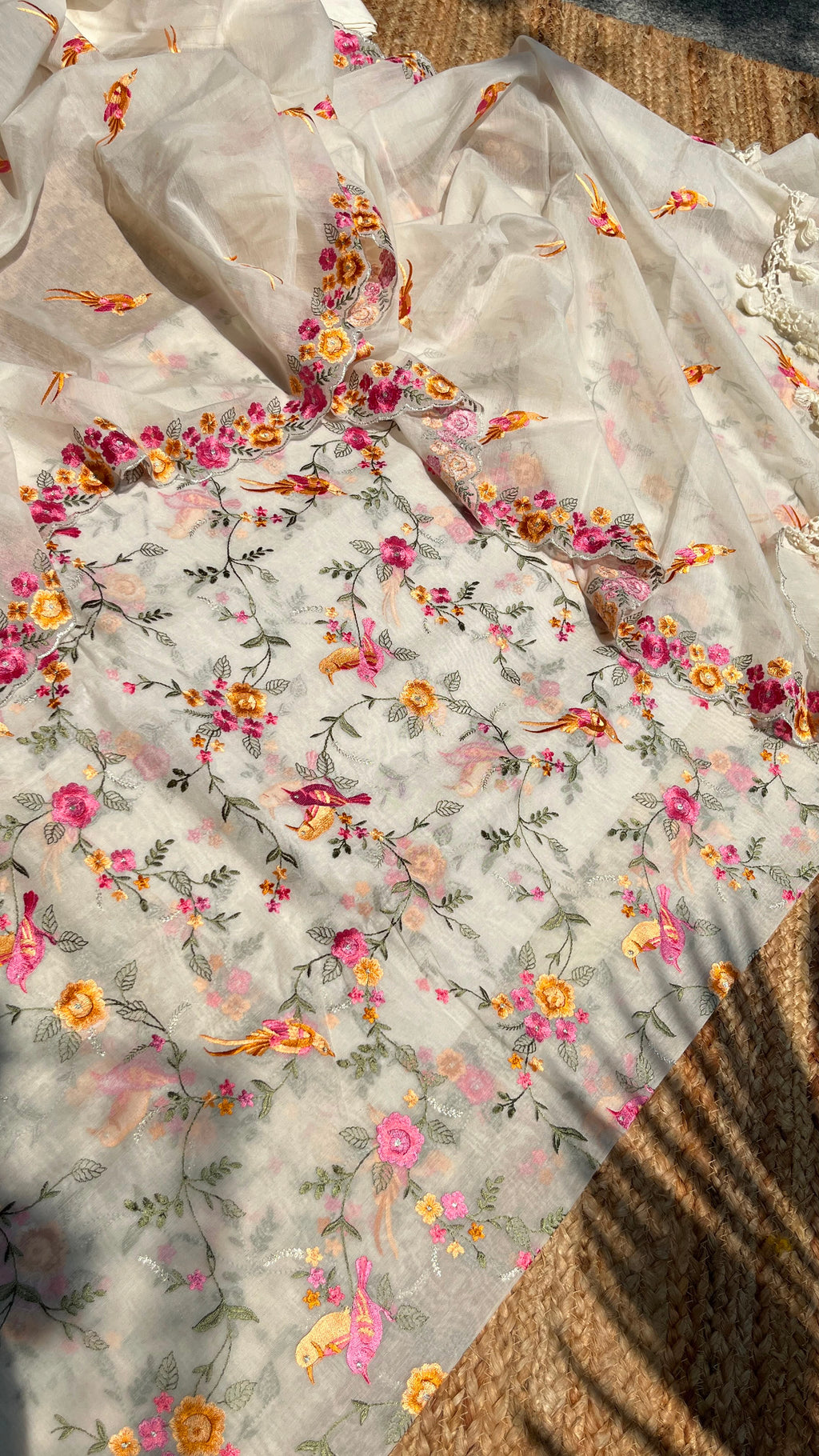 "Zara" – Mul Chanderi Silk Suit Set with Bird Motif Embroidery & Pure Banarasi Cotton Bottom