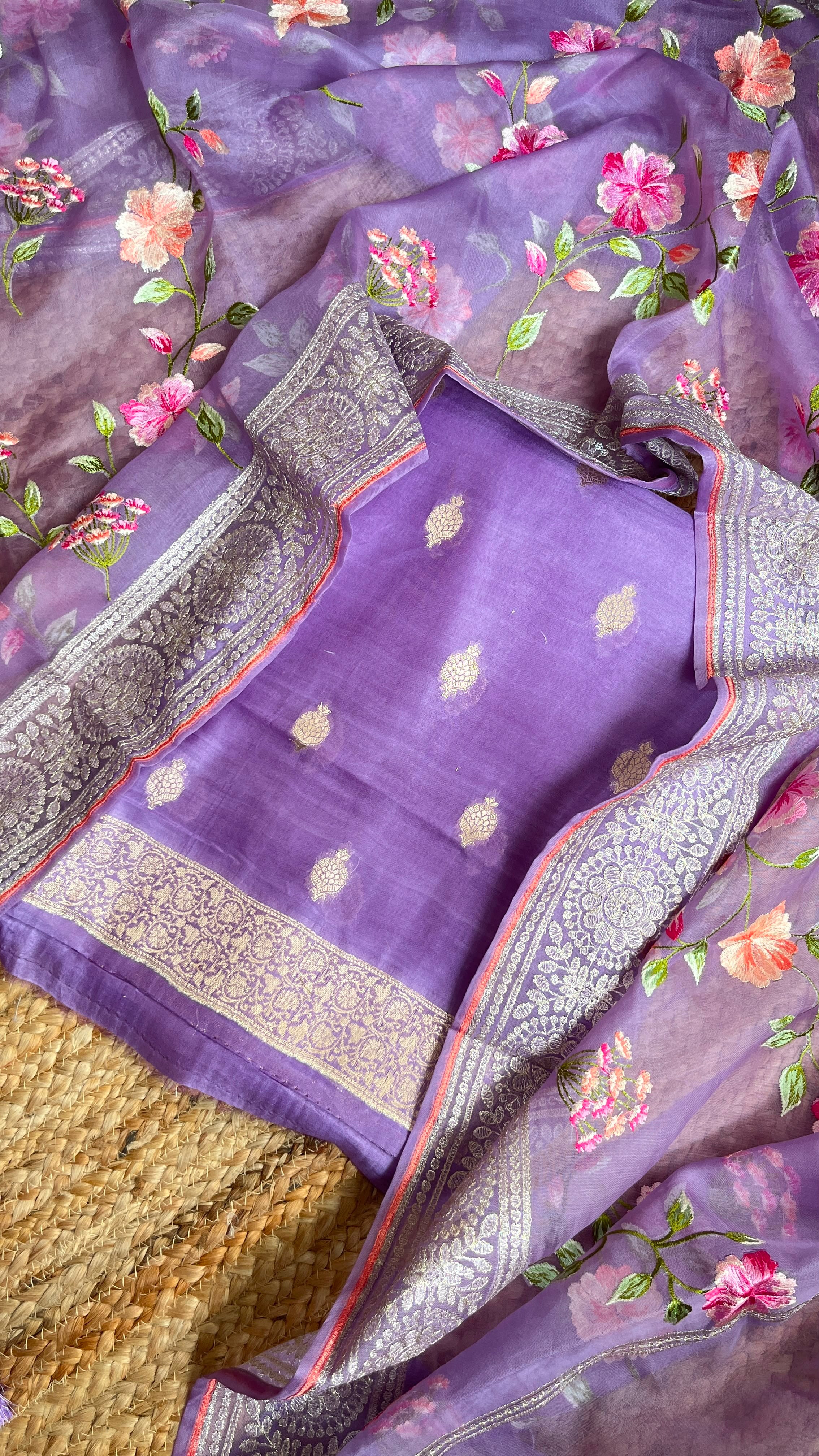 Pure Chanderi Silk Suit with Shaded Thread Embroidery, Premium Organza Zari-Border Dupatta & Banarasi Cotton Bottom