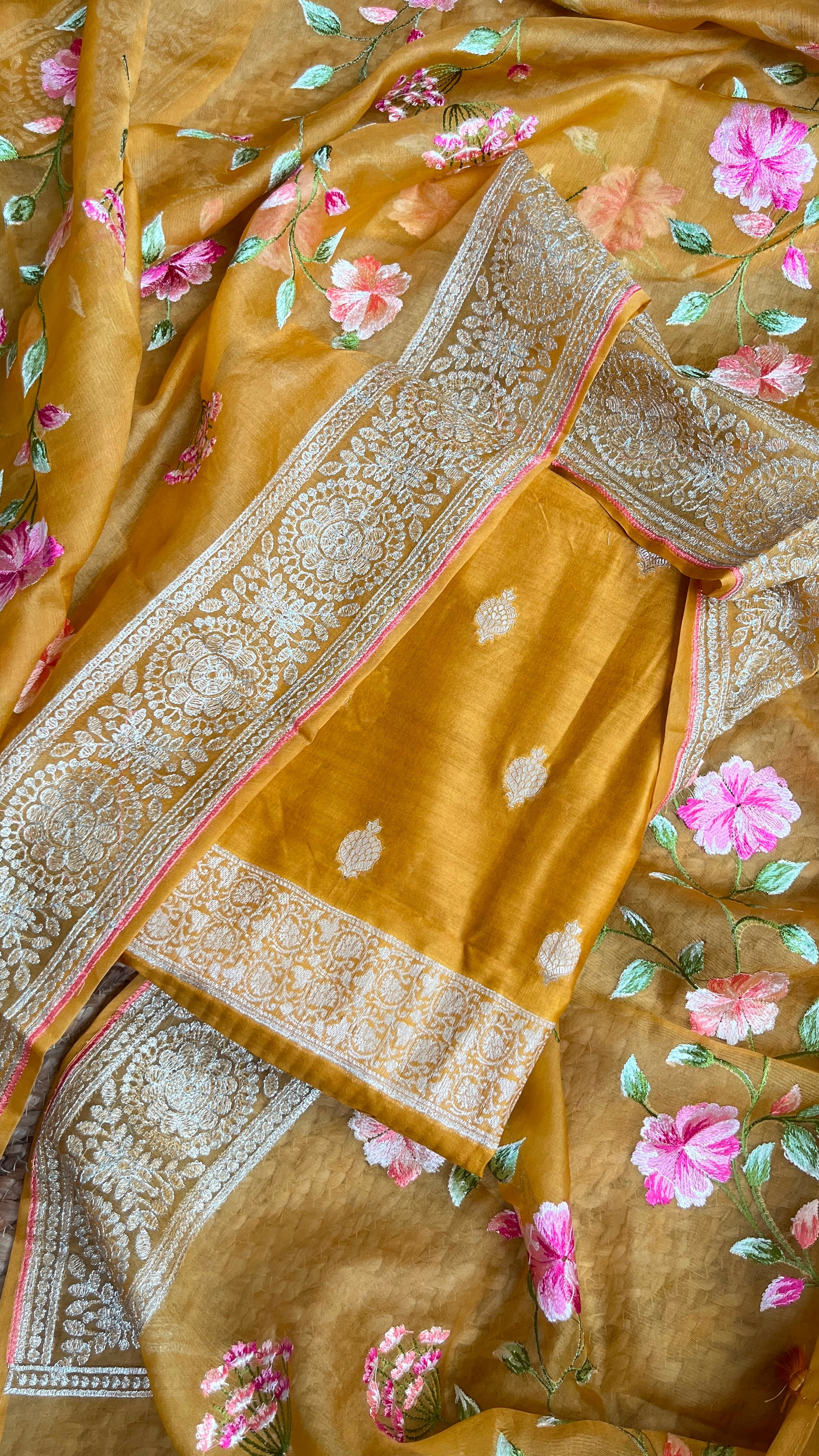 Pure Chanderi Silk Suit with Shaded Thread Embroidery, Premium Organza Zari-Border Dupatta & Banarasi Cotton Bottom