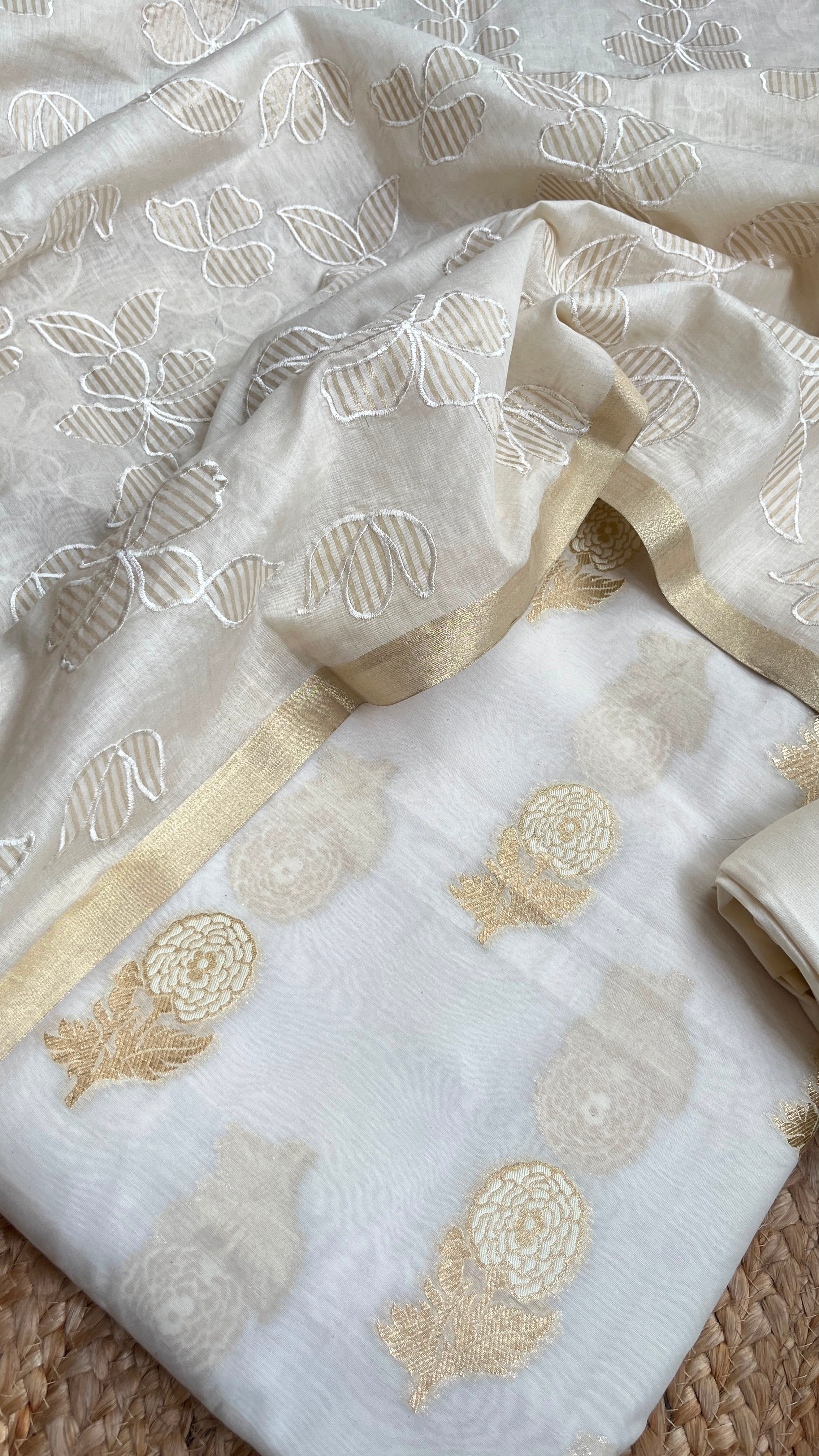 Alluring Ivory Pure Chanderi Silk Suit with Banarasi Cotton Bottom – Dyeable, Budget-Friendly 3-Piece Set