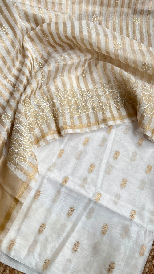 Alluring Ivory Pure Chanderi Silk Suit with Banarasi Cotton Bottom – Dyeable, Budget-Friendly 3-Piece Set