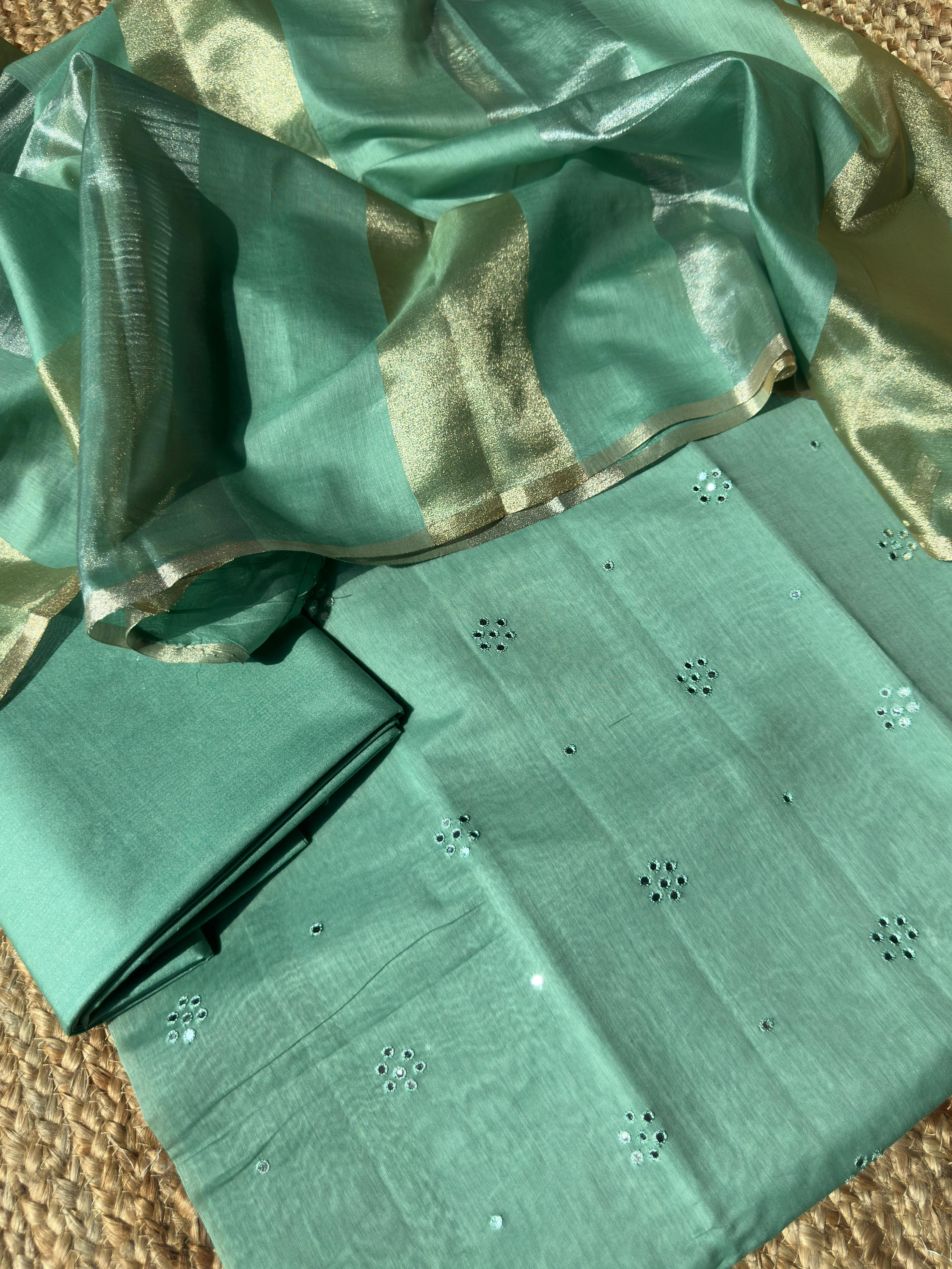Exquisite Sheesh Patti Mul Chanderi Silk Suit Set with Strips Dupatta & Pure Banarasi Cotton Bottom