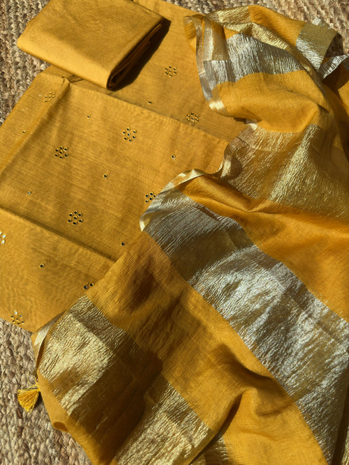 Exquisite Sheesh Patti Mul Chanderi Silk Suit Set with Strips Dupatta & Pure Banarasi Cotton Bottom