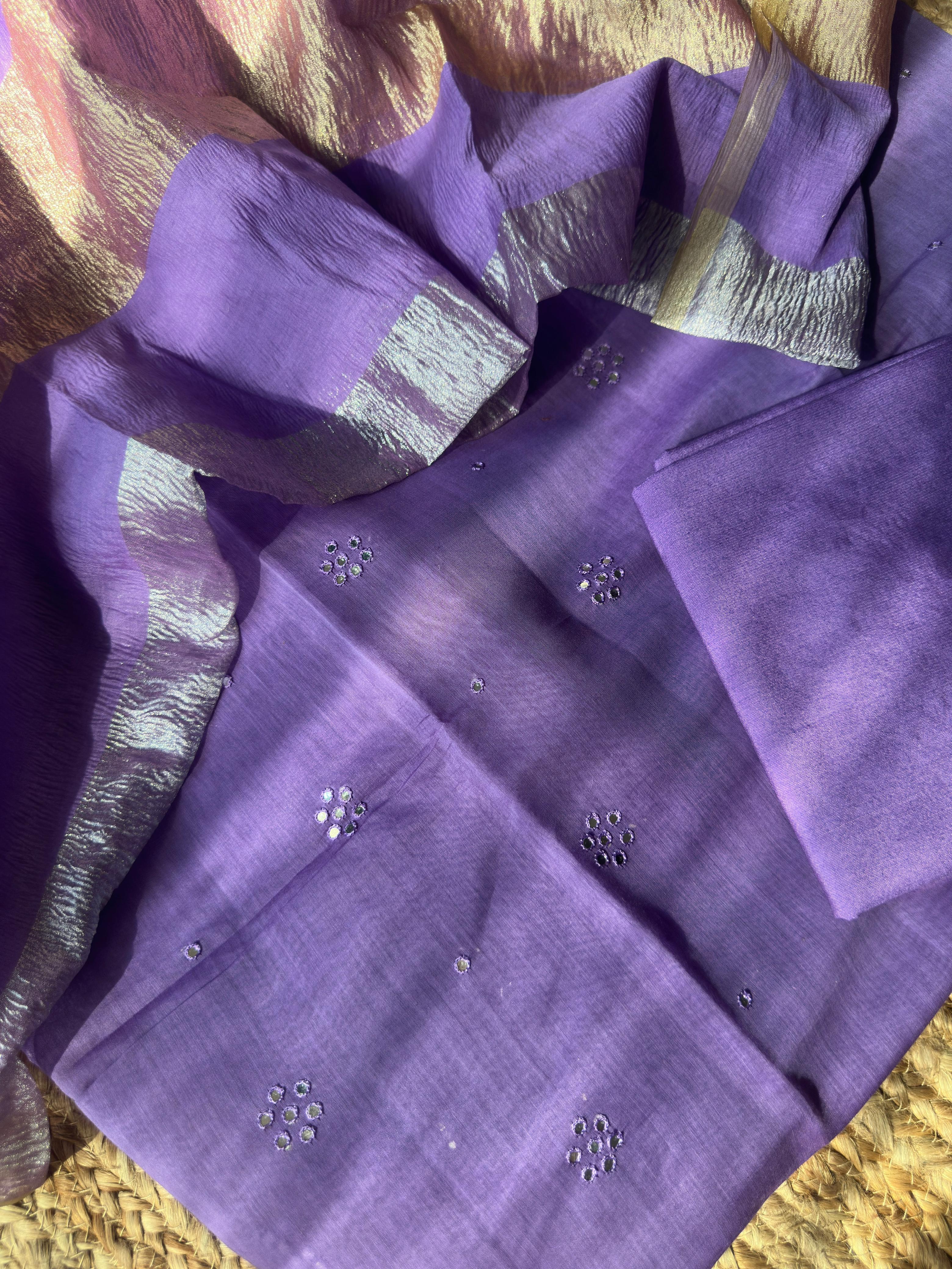 Exquisite Sheesh Patti Mul Chanderi Silk Suit Set with Strips Dupatta & Pure Banarasi Cotton Bottom
