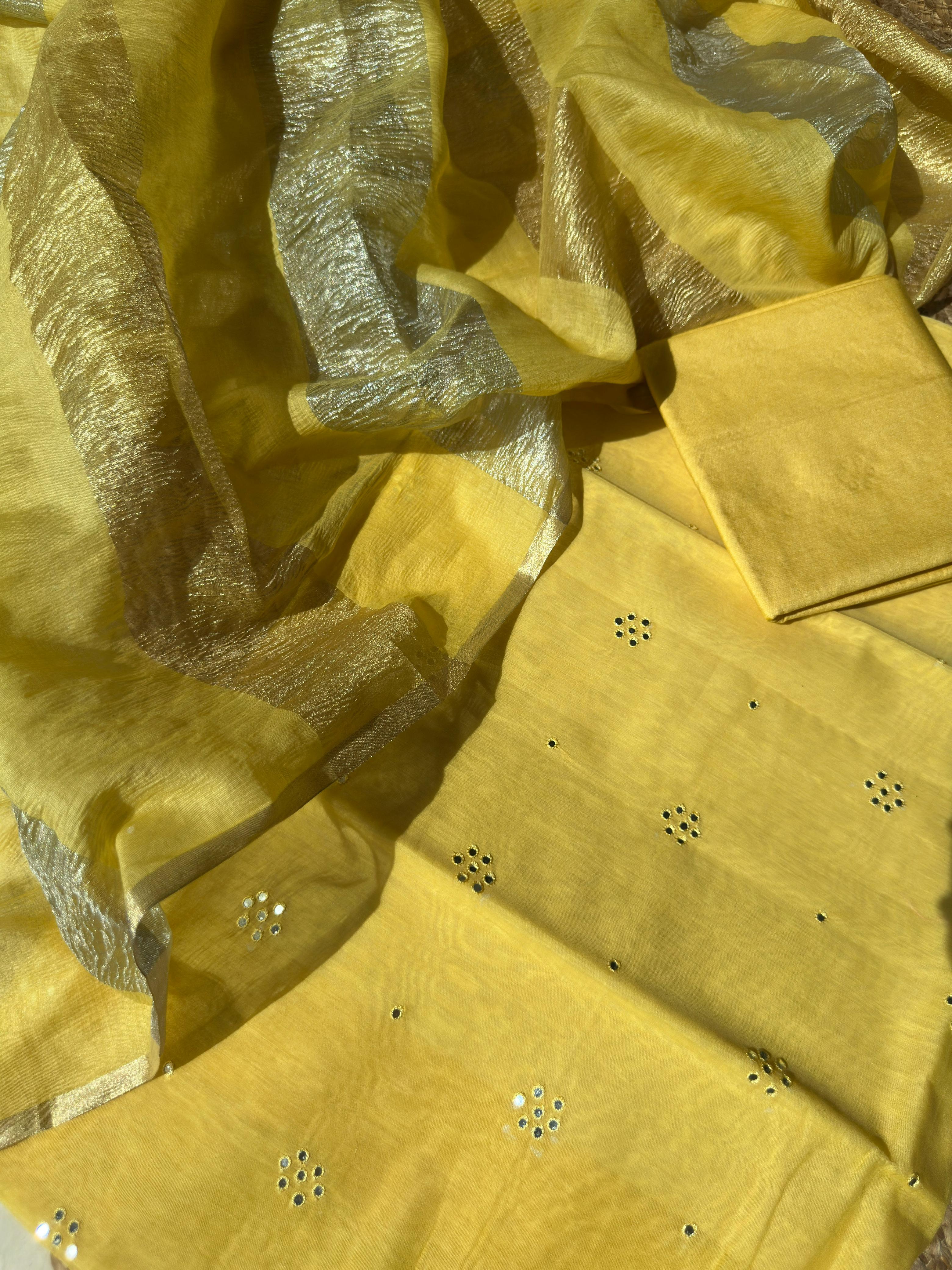 Exquisite Sheesh Patti Mul Chanderi Silk Suit Set with Strips Dupatta & Pure Banarasi Cotton Bottom