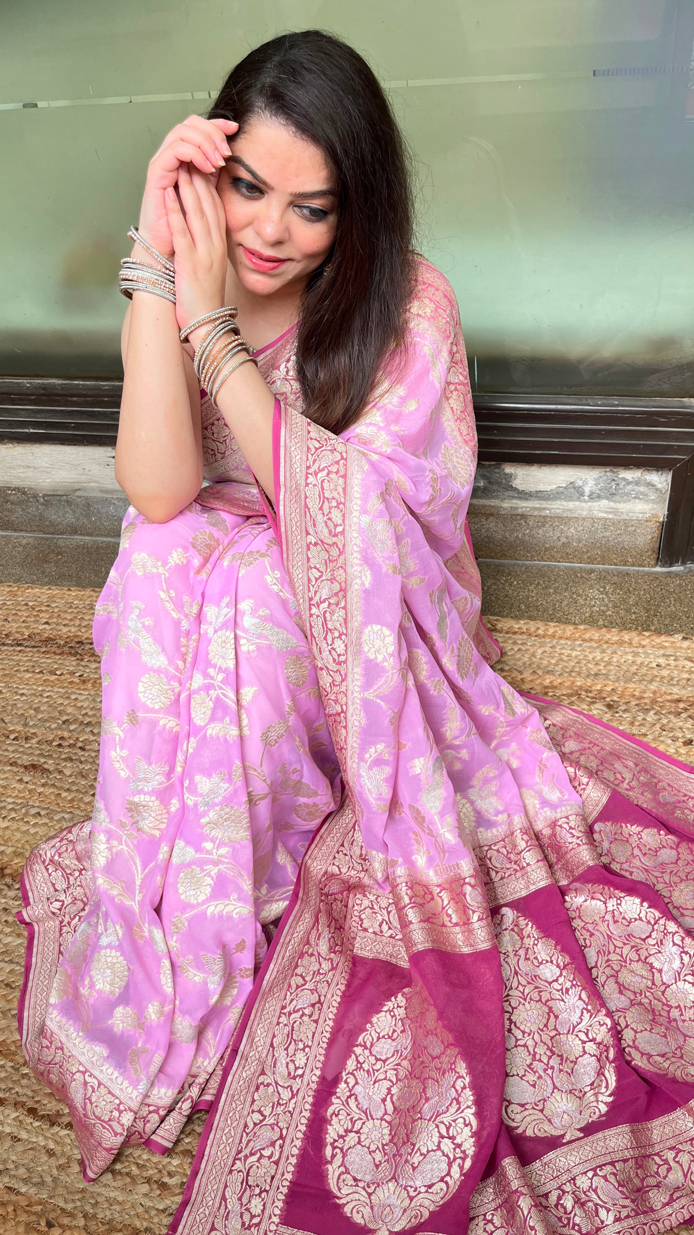 Pure Khaddi Georgette Saree – Deep Wine Handloom Banarasi Saree with Stitched Blouse