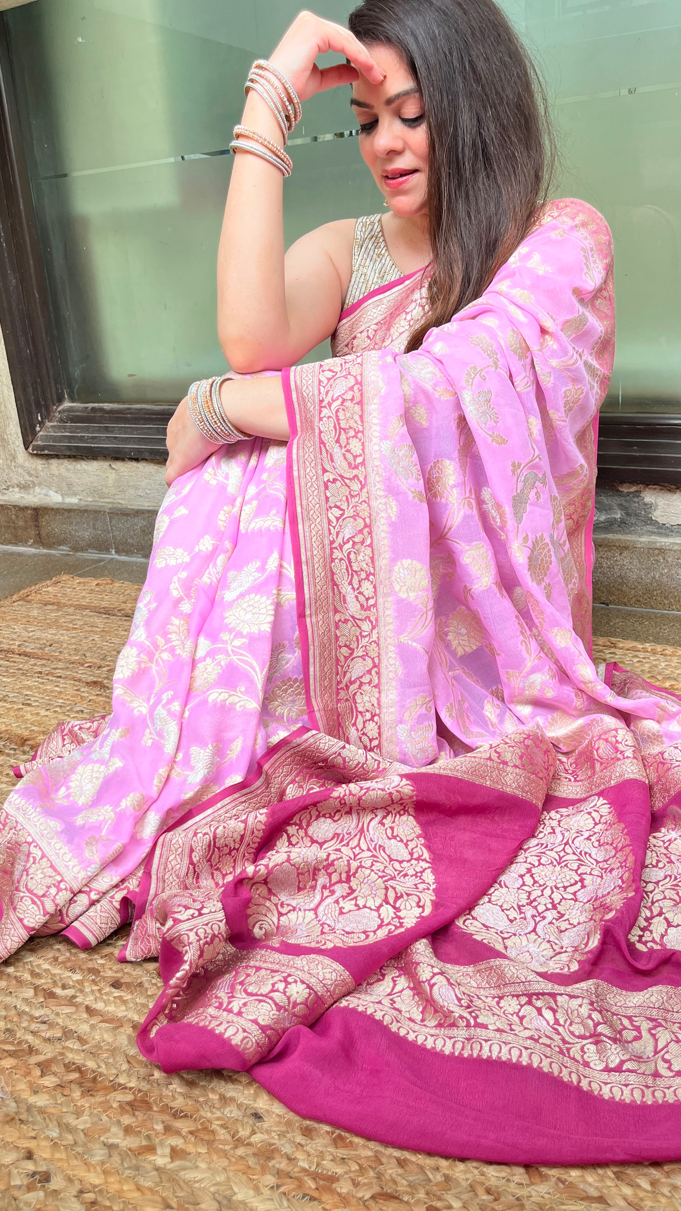 Pure Khaddi Georgette Saree – Deep Wine Handloom Banarasi Saree with Stitched Blouse
