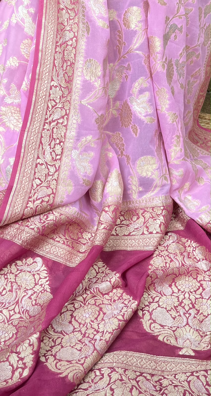 Pure Khaddi Georgette Saree – Deep Wine Handloom Banarasi Saree with Stitched Blouse