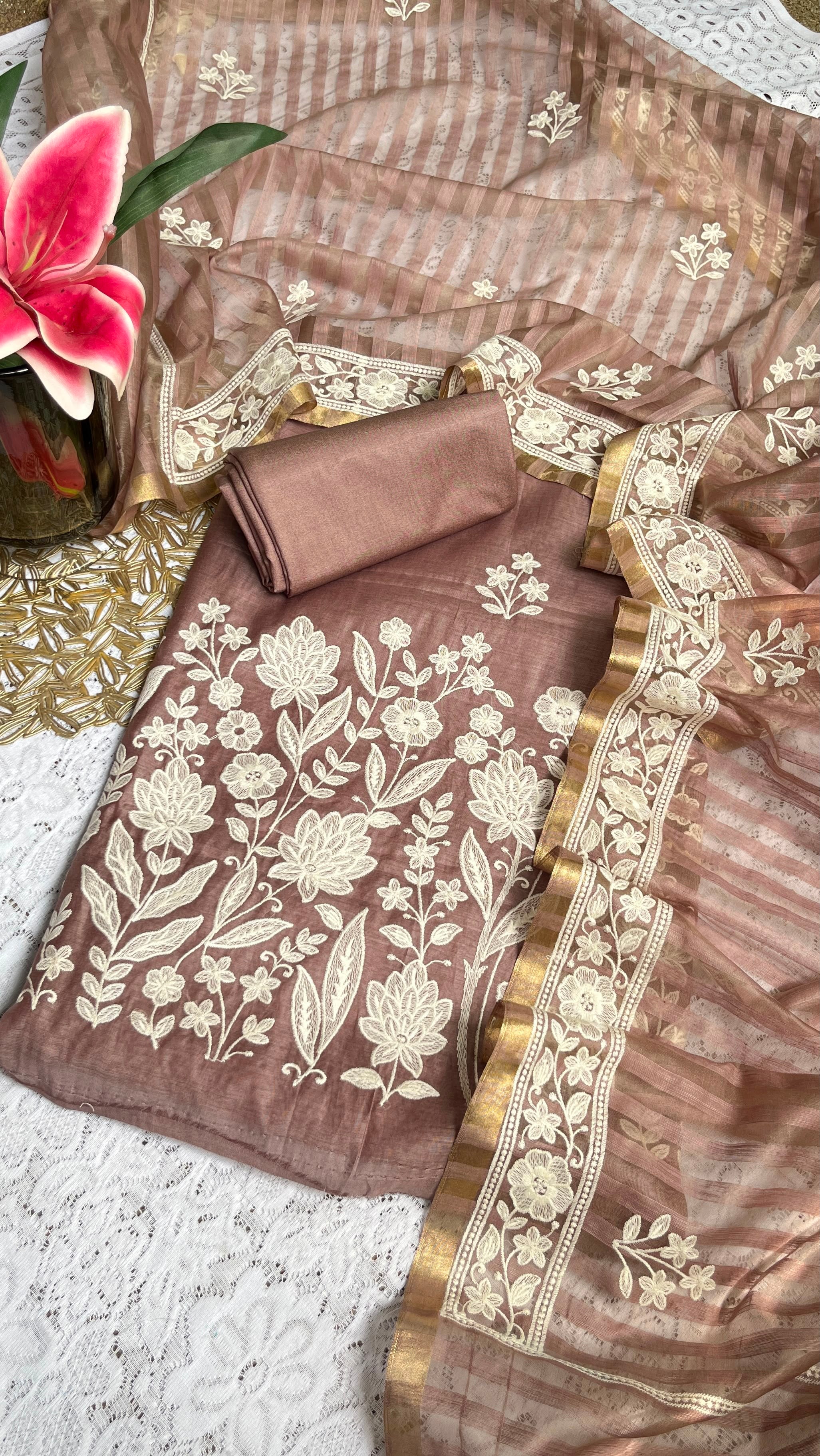 Chanderi Silk Thread Embroidered Suit with Banarasi Cotton Bottom