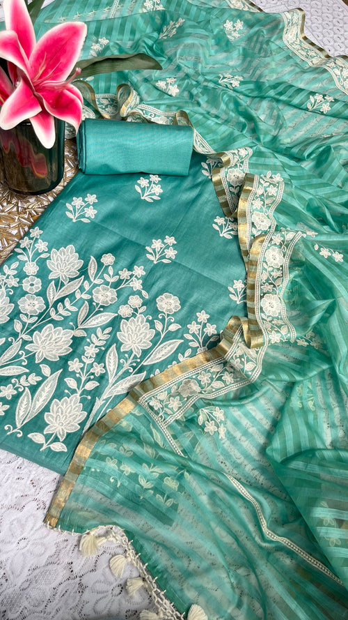 Chanderi Silk Thread Embroidered Suit with Banarasi Cotton Bottom