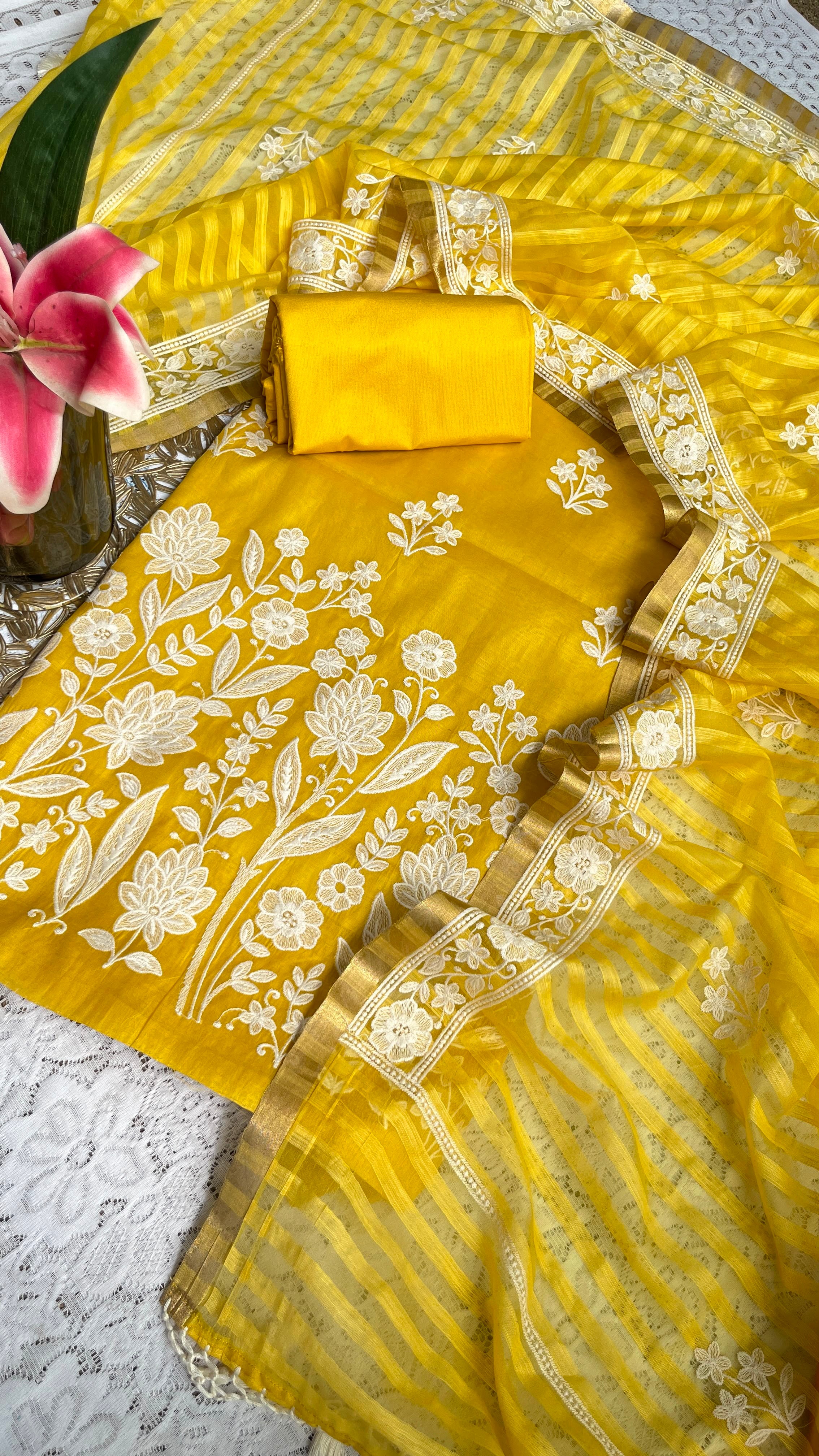 Chanderi Silk Thread Embroidered Suit with Banarasi Cotton Bottom