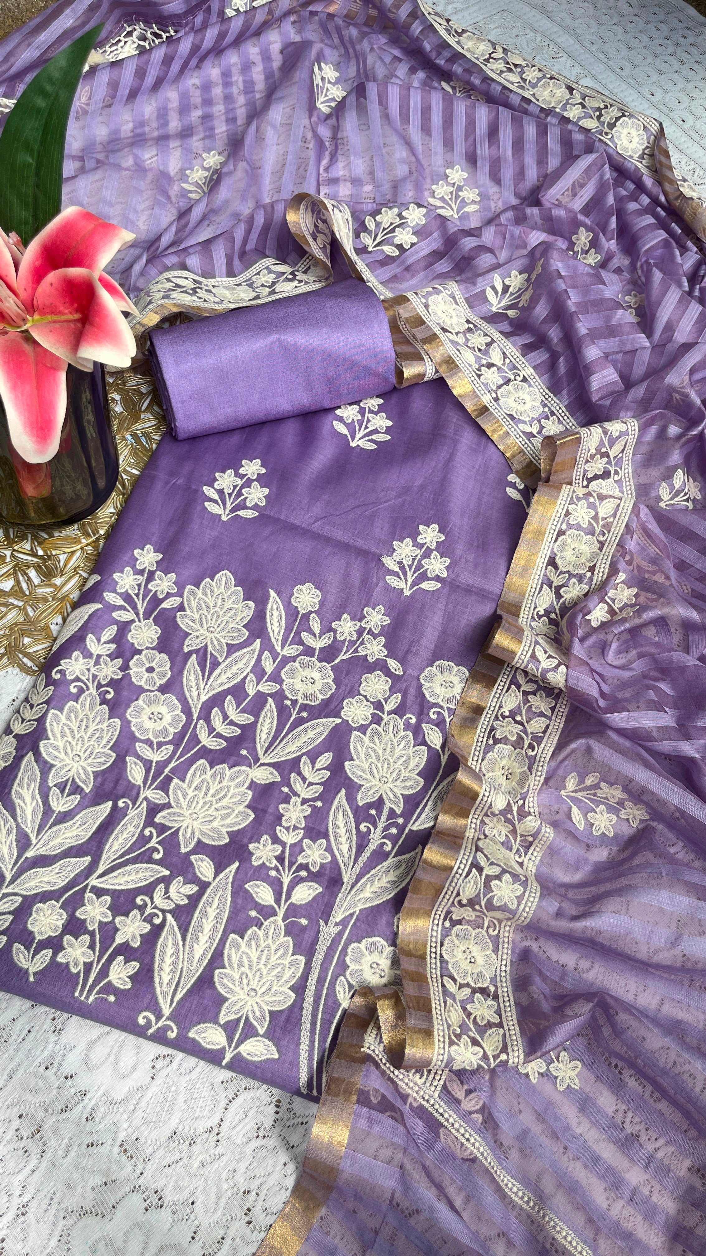 Chanderi Silk Thread Embroidered Suit with Banarasi Cotton Bottom