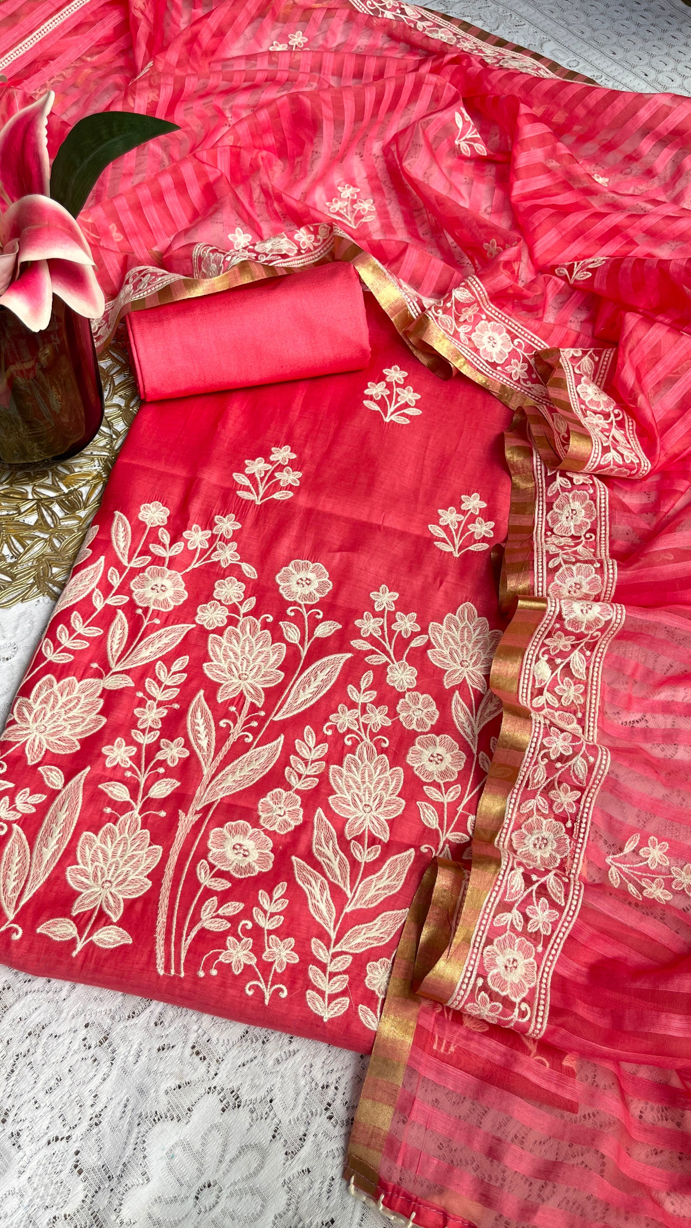 Chanderi Silk Thread Embroidered Suit with Banarasi Cotton Bottom