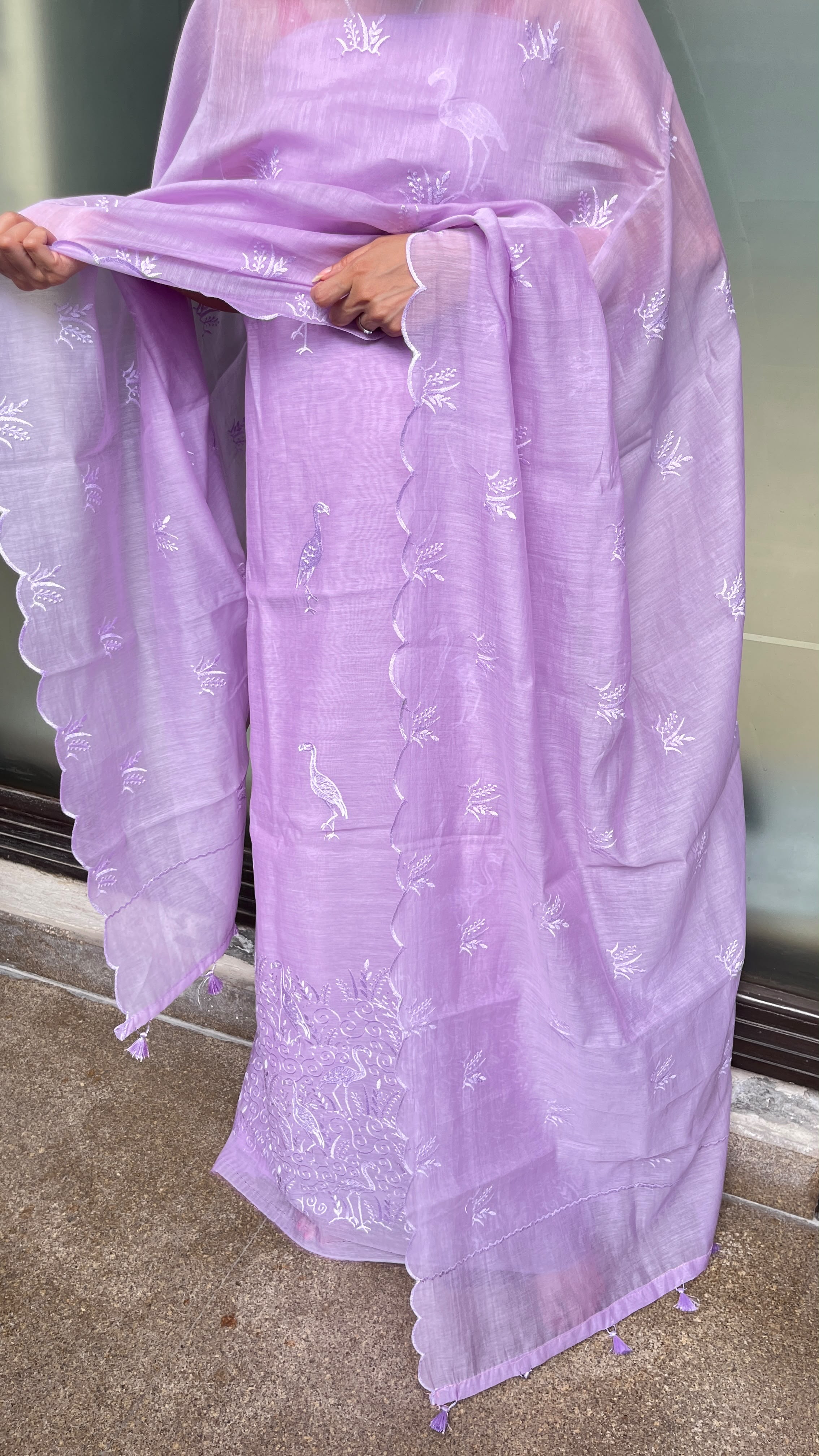 Flamingo Embroidered Pure Mul Chanderi Silk Suit with Banarasi Cotton Bottom – Full Look