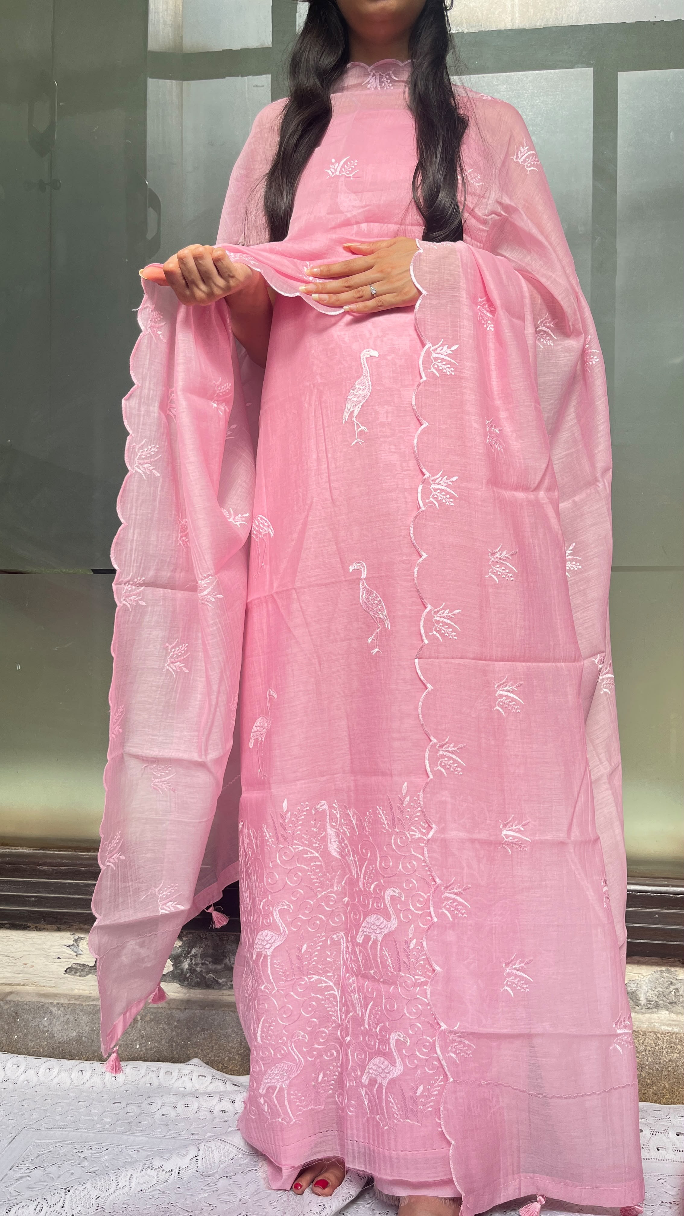 Flamingo Embroidered Pure Mul Chanderi Silk Suit with Banarasi Cotton Bottom – Full Look