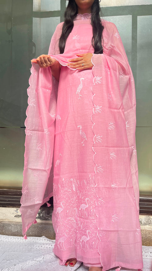 Flamingo Embroidered Pure Mul Chanderi Silk Suit with Banarasi Cotton Bottom – Full Look