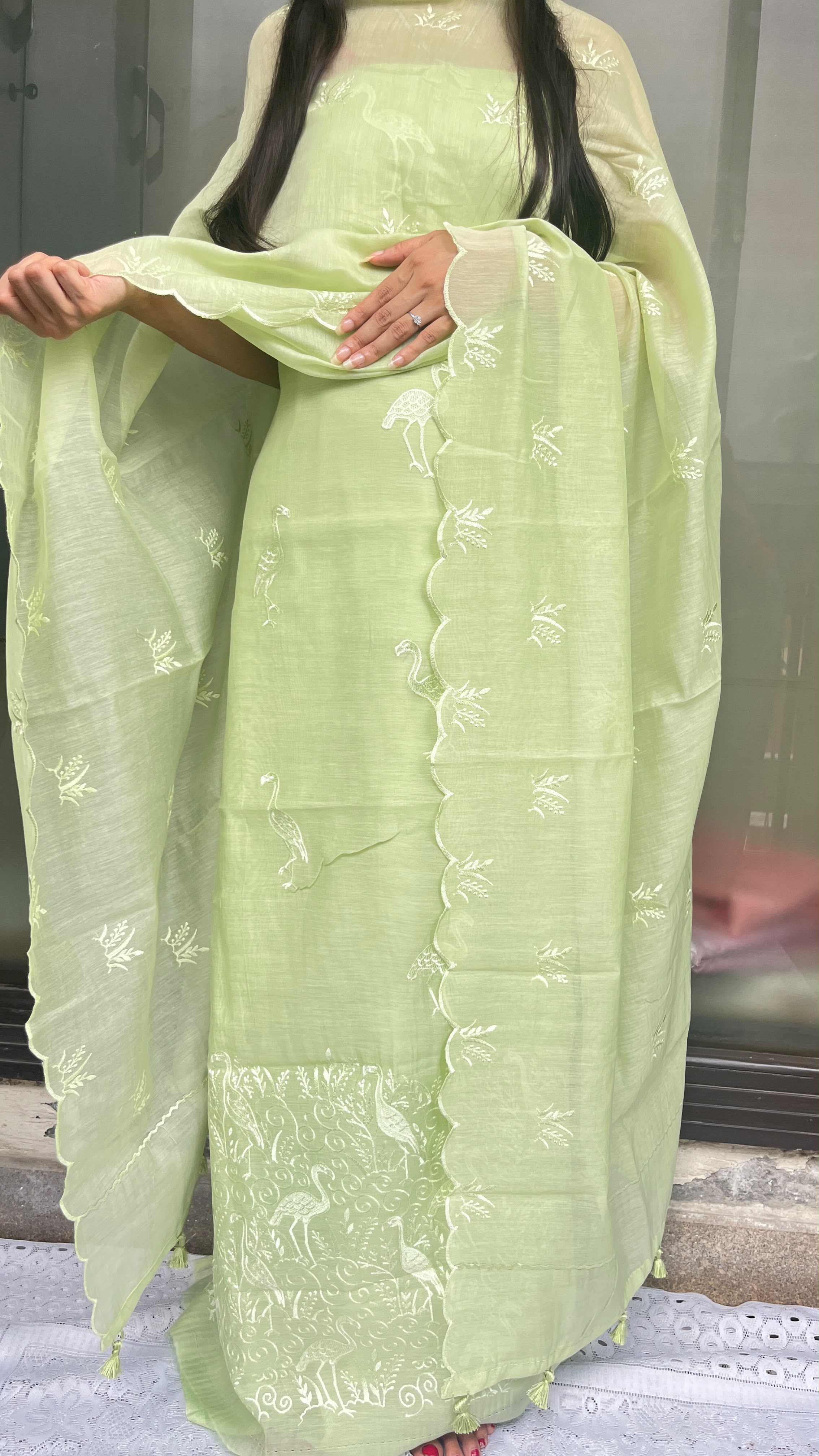 Flamingo Embroidered Pure Mul Chanderi Silk Suit with Banarasi Cotton Bottom – Full Look