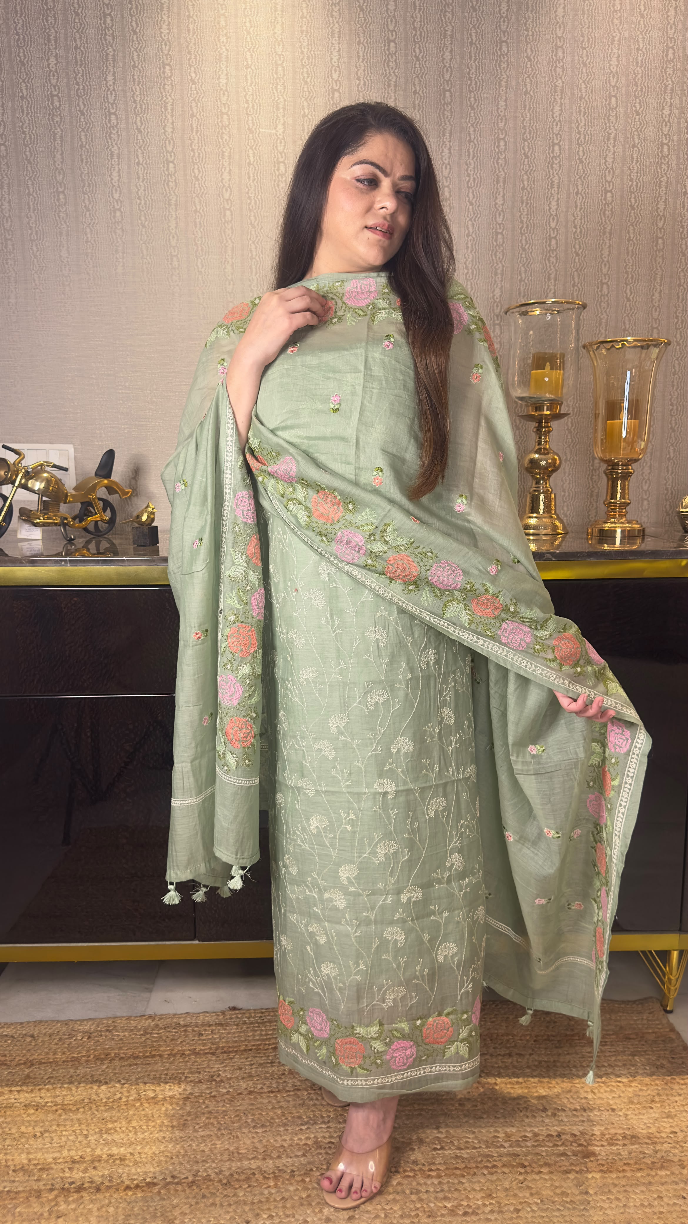 Pure Mul Chanderi Silk Suit with Cross-Stitch Embroidered Dupatta & Banarasi Cotton Bottom