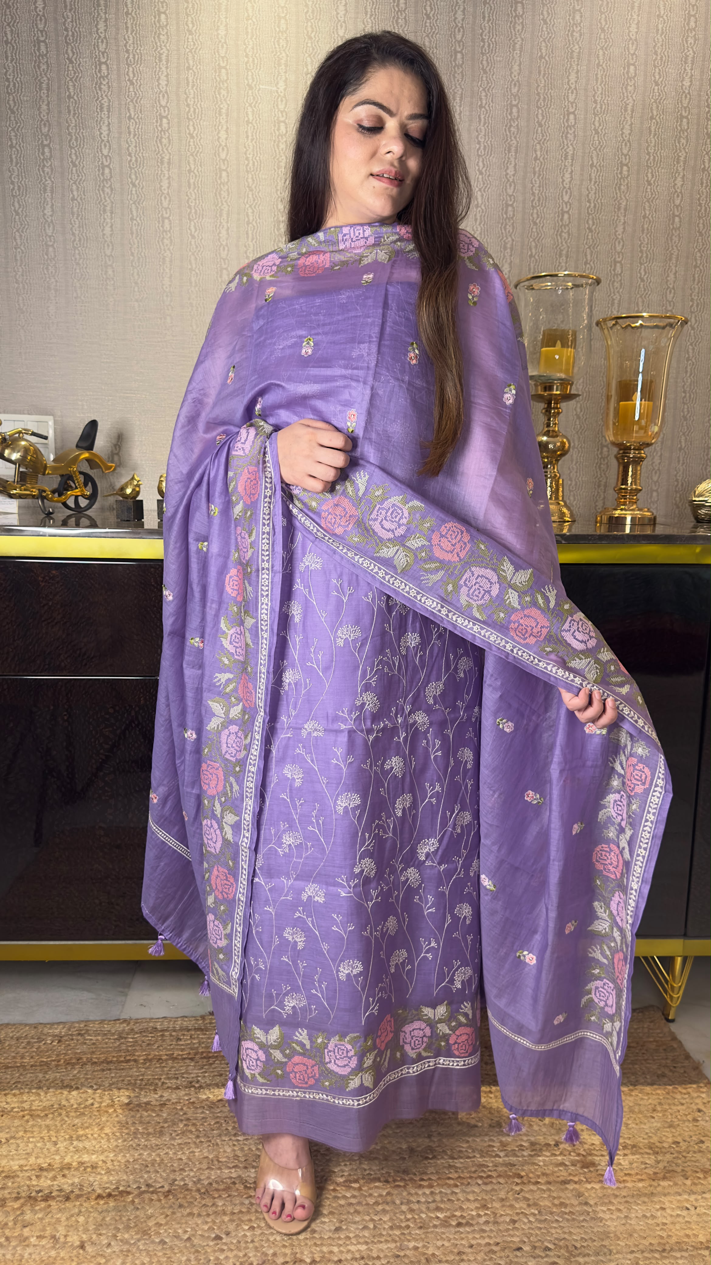 Pure Mul Chanderi Silk Suit with Cross-Stitch Embroidered Dupatta & Banarasi Cotton Bottom