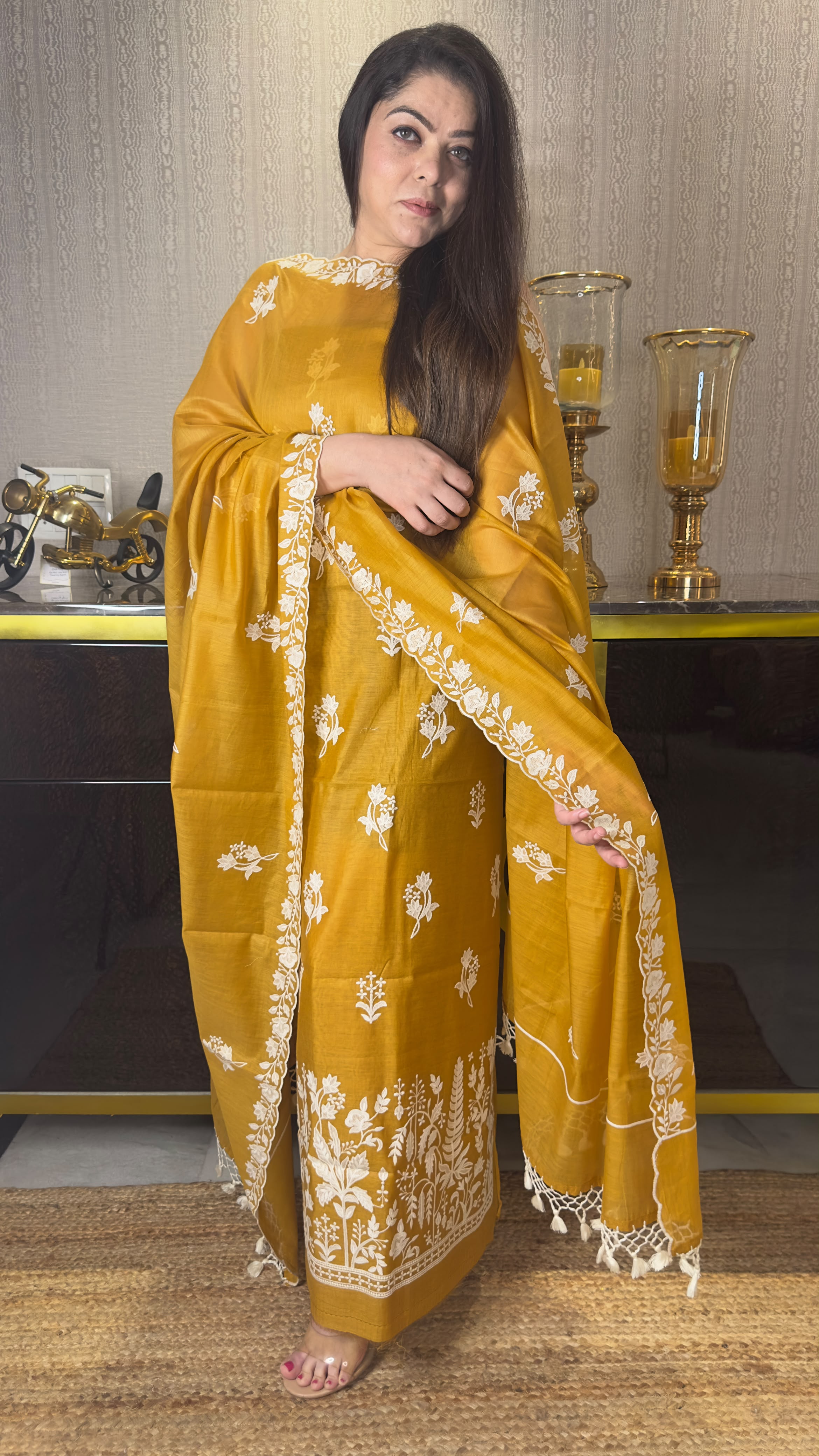 Superb Pure Chanderi Silk Embroidered Suit with Banarasi Cotton Bottom