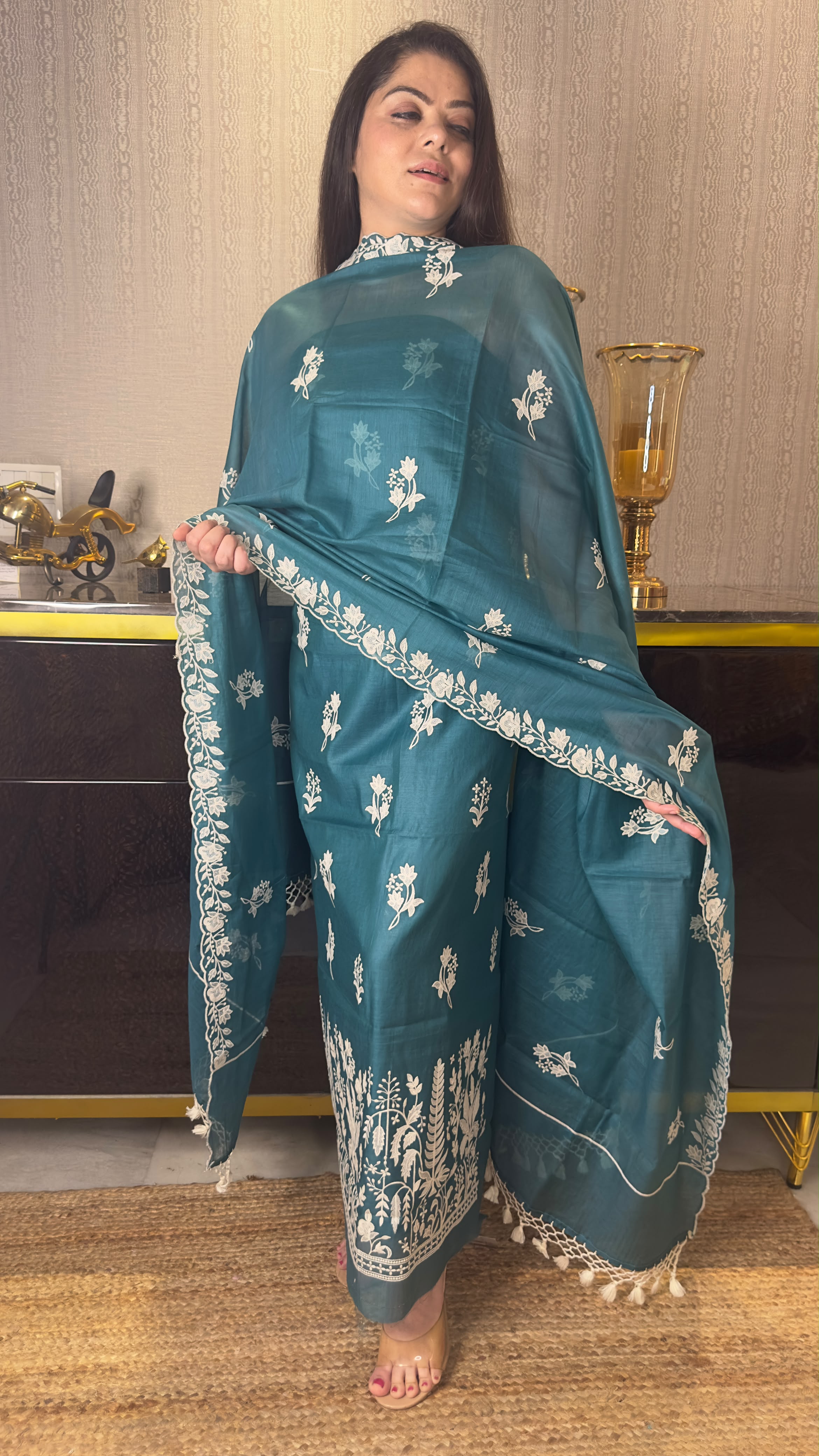 Superb Pure Chanderi Silk Embroidered Suit with Banarasi Cotton Bottom