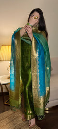 Teej & Mehendi Special: Mehendi Green Handloom Silk Suit with Dual-Tone Dupatta